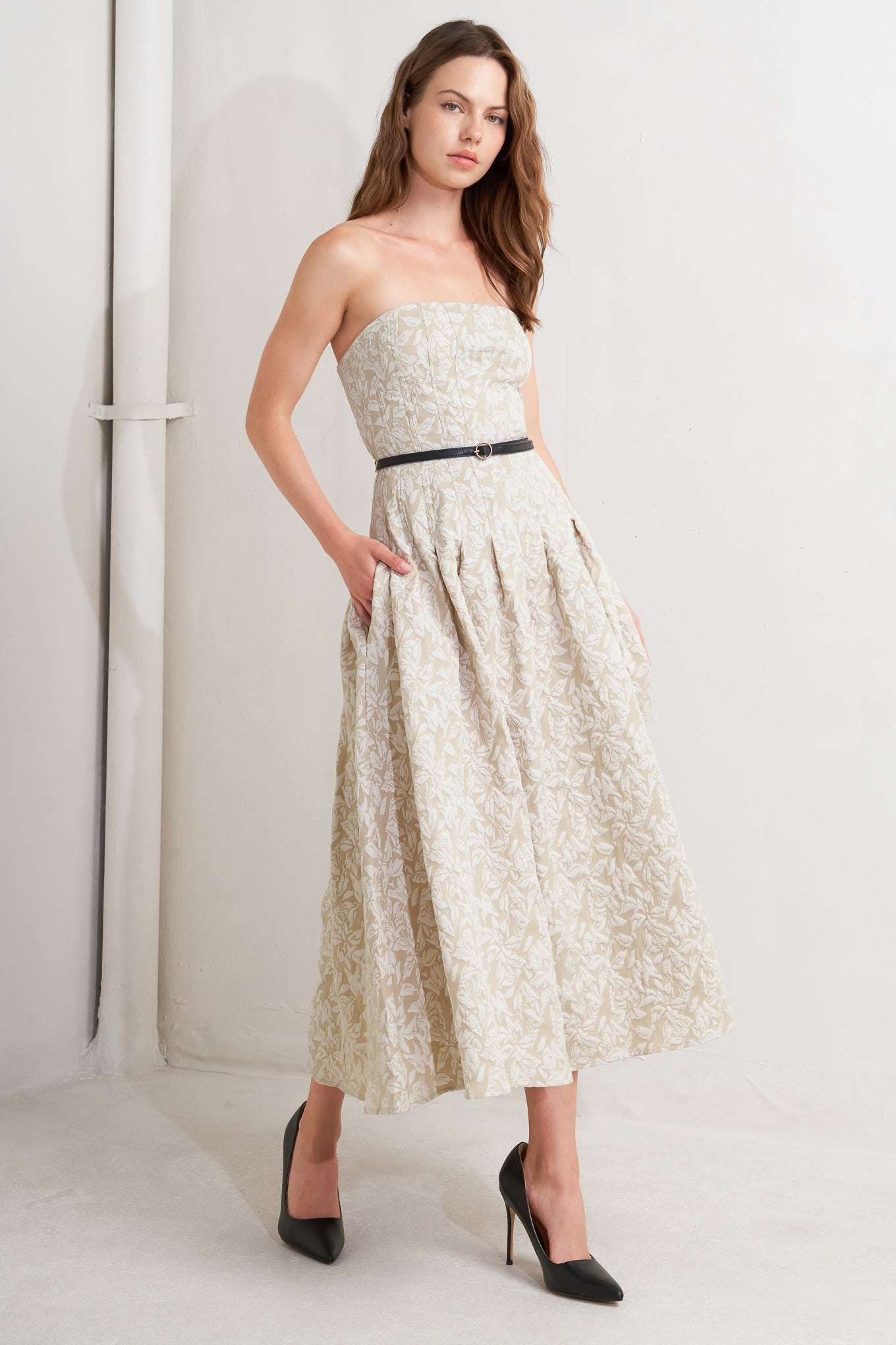 WHISPER LEAF WOVEN MIDI DRESS