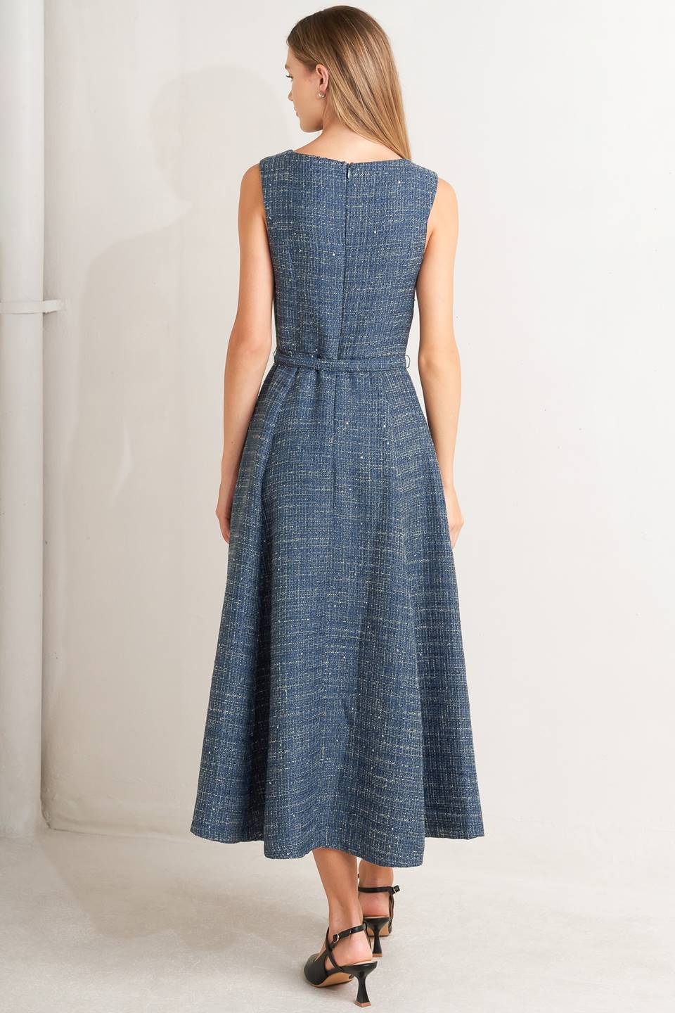 VINTAGE VIBE BOUCLÉ WOVEN TWEED MIDI DRESS