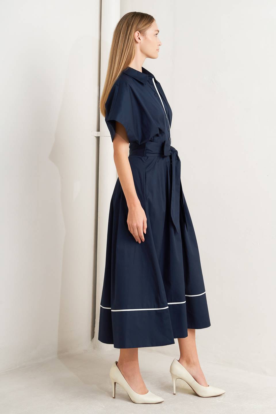 CATCH YOU LATER NAVY WOVEN MIDI DRESS