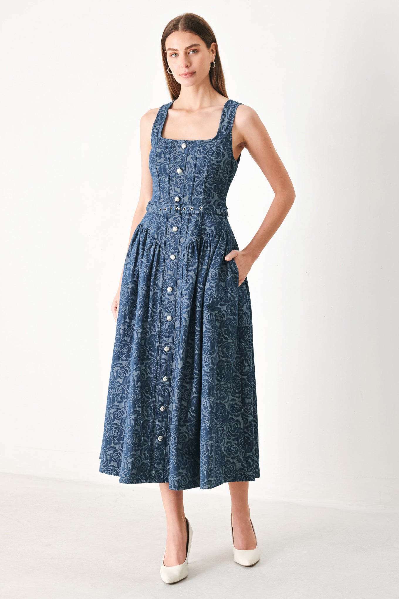 MIDNIGHT GARDEN DENIM MIDI DRESS