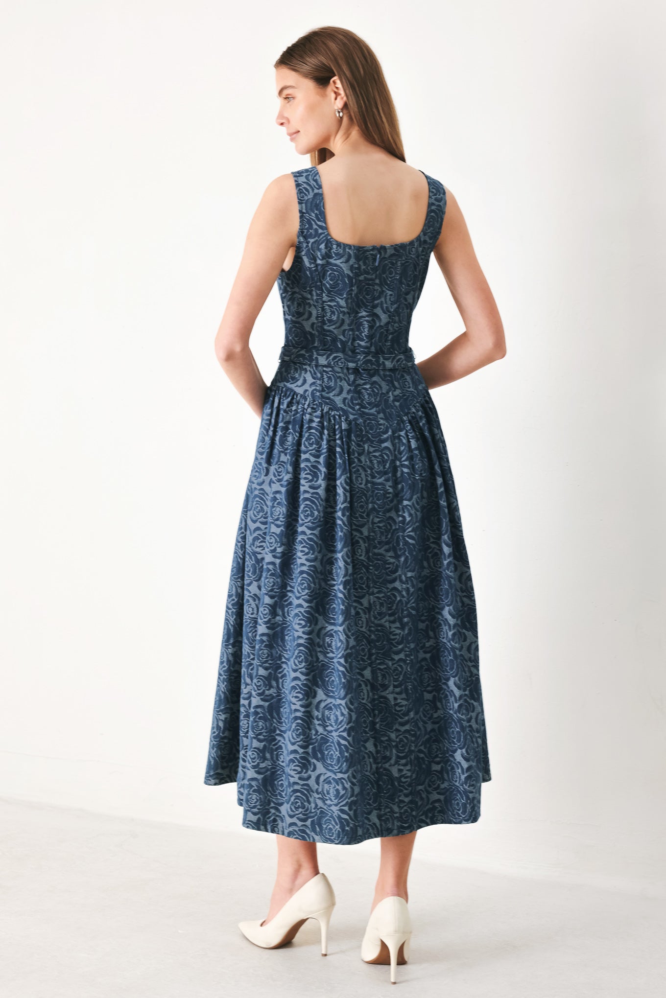 MIDNIGHT GARDEN DENIM MIDI DRESS