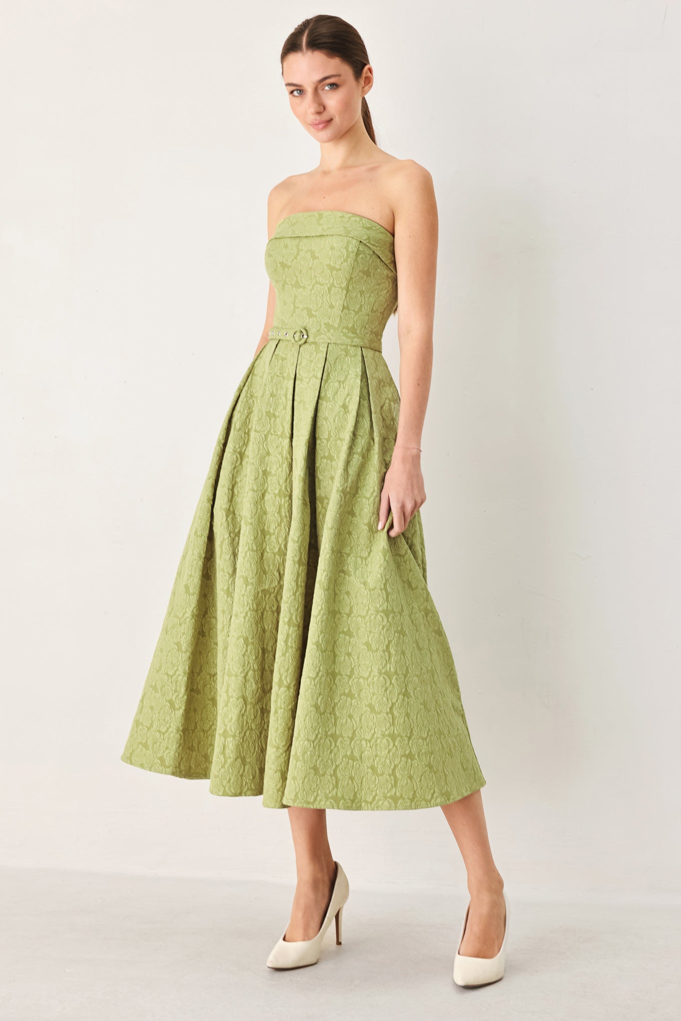 ROSETTE BANDEAU WOVEN MIDI DRESS