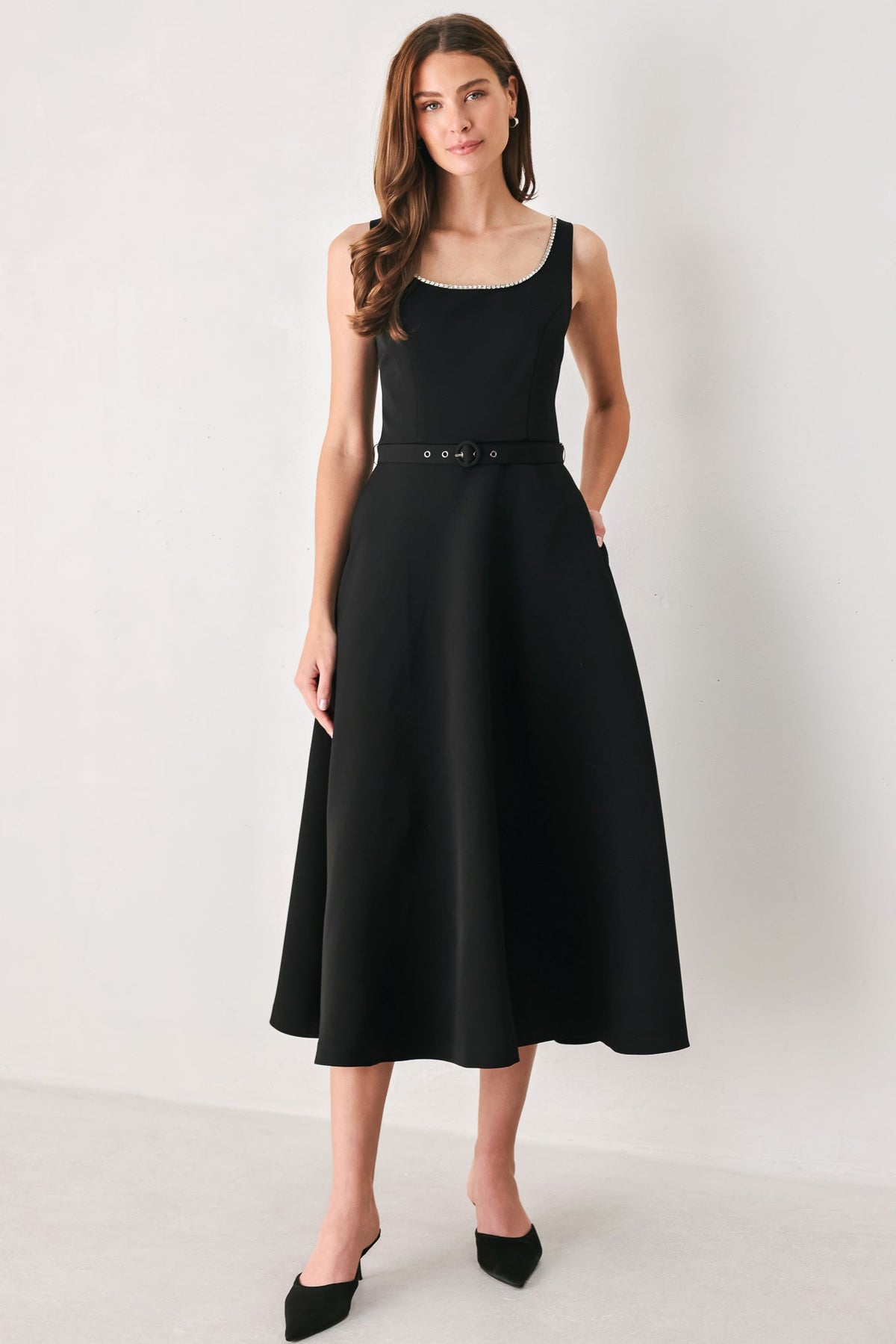 JEWELED NOIR BLACK EMBELLISHED BELTED MIDI DRESS