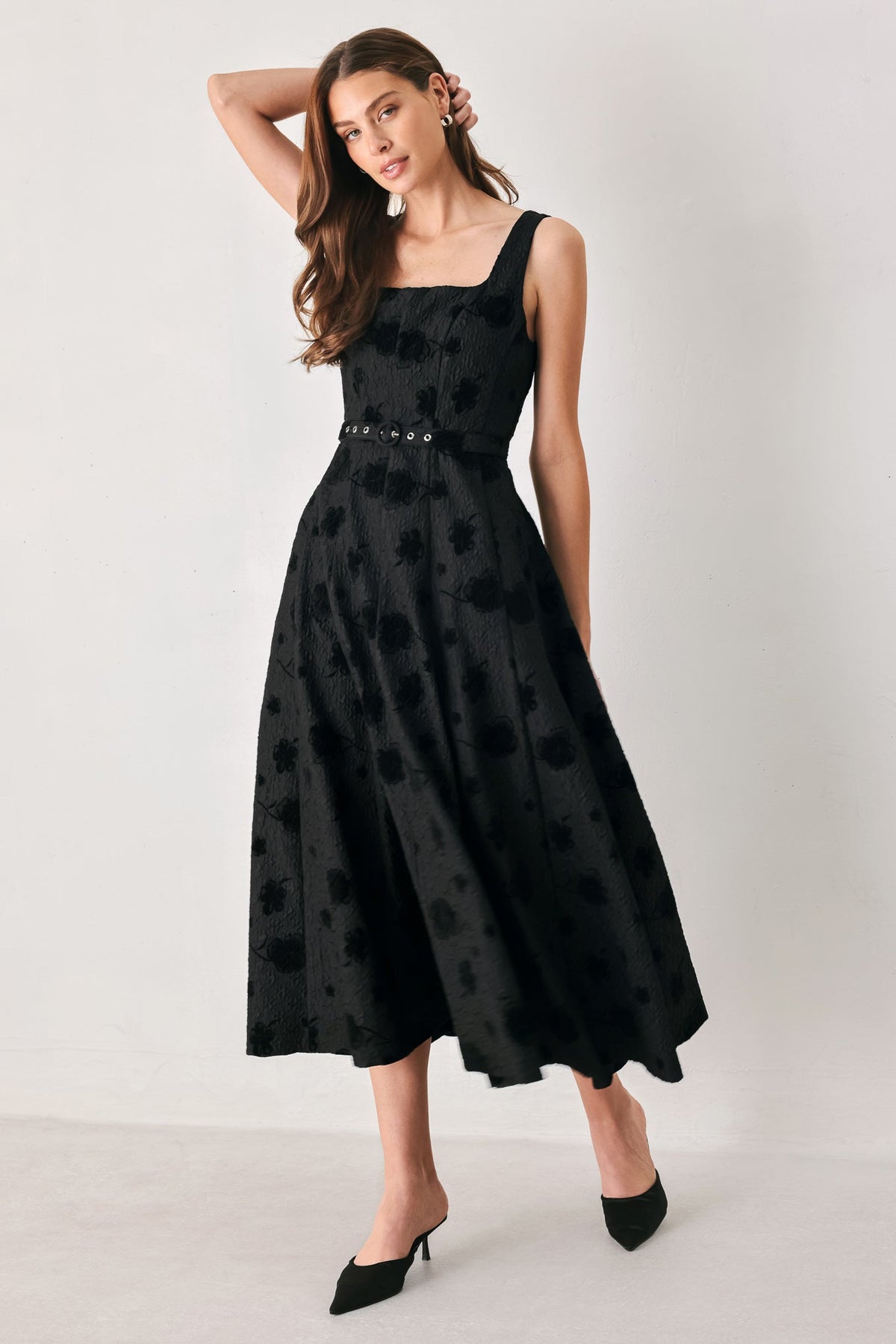 MIDNIGHT DRAMA BLACK STATEMENT MIDI DRESS