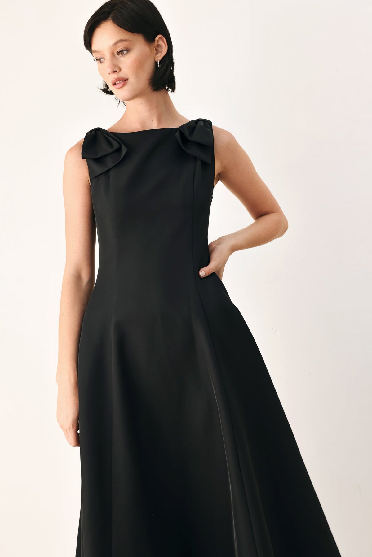 TIED TO TONIGHT BOW SHOULDER MIDI DRESS