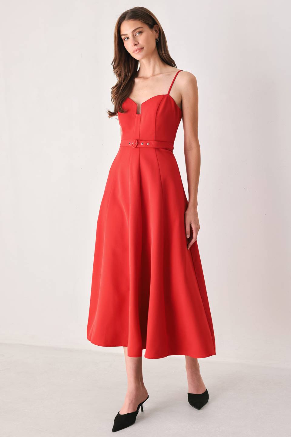 SCARLET PROMISE RED SWEETHEART BELTED MIDI DRESS