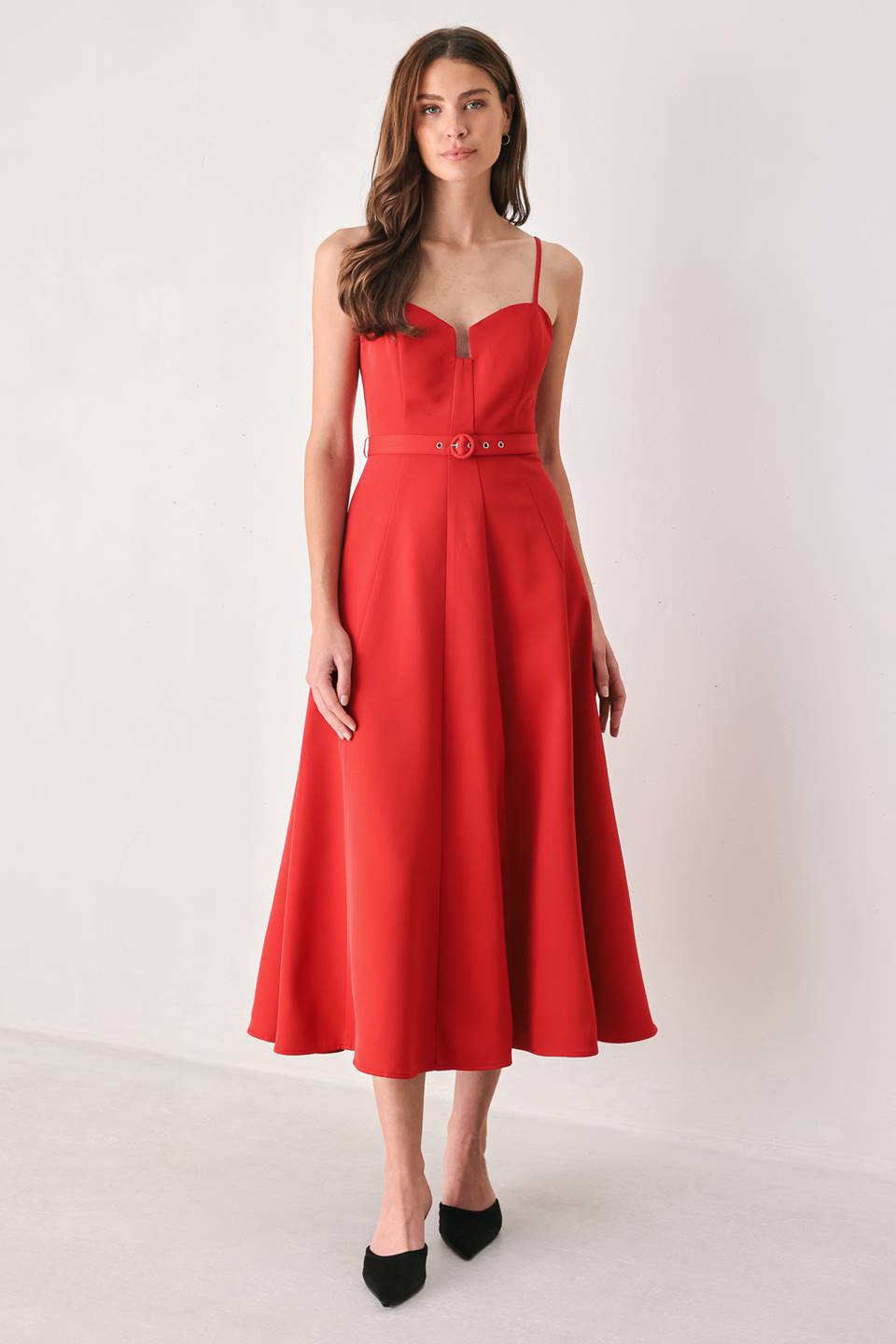 SCARLET PROMISE RED SWEETHEART BELTED MIDI DRESS