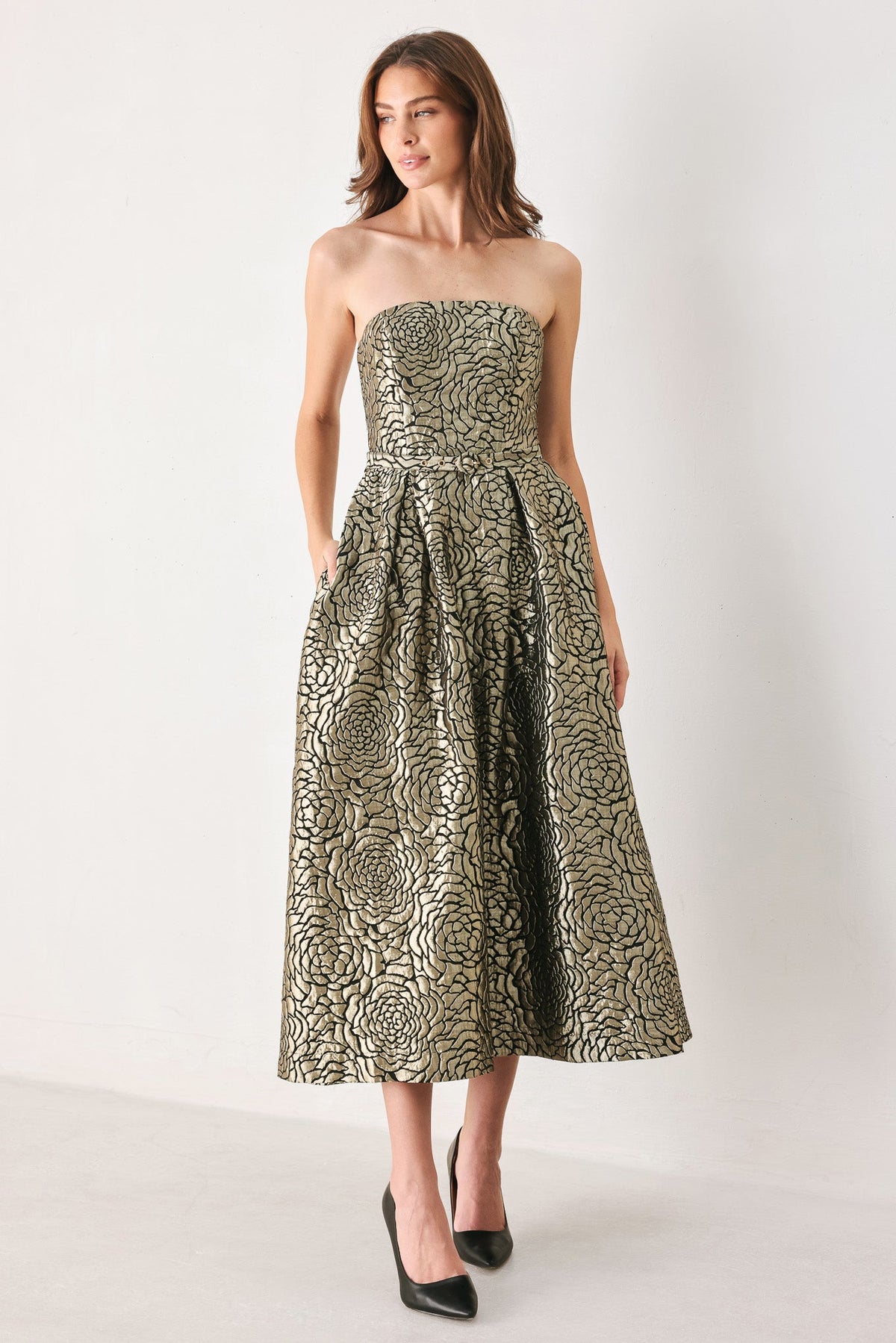 GOLDEN SOIREE GOLD STATEMENT MIDI DRESS