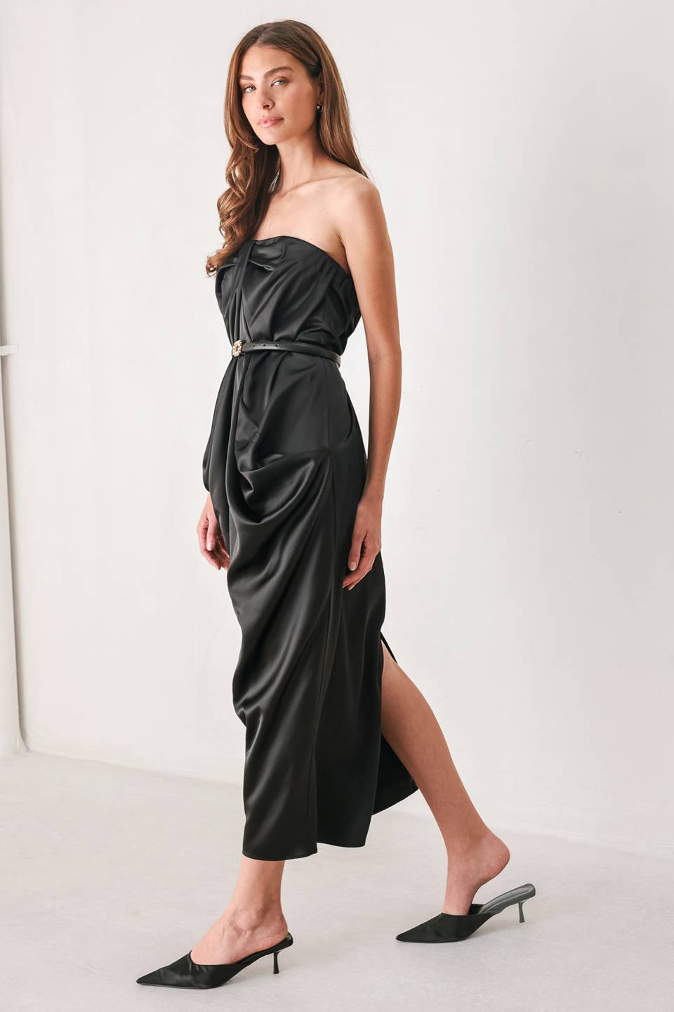 NOIR DRAPE BLACK RUCHED TULIP-SKIRT MIDI DRESS