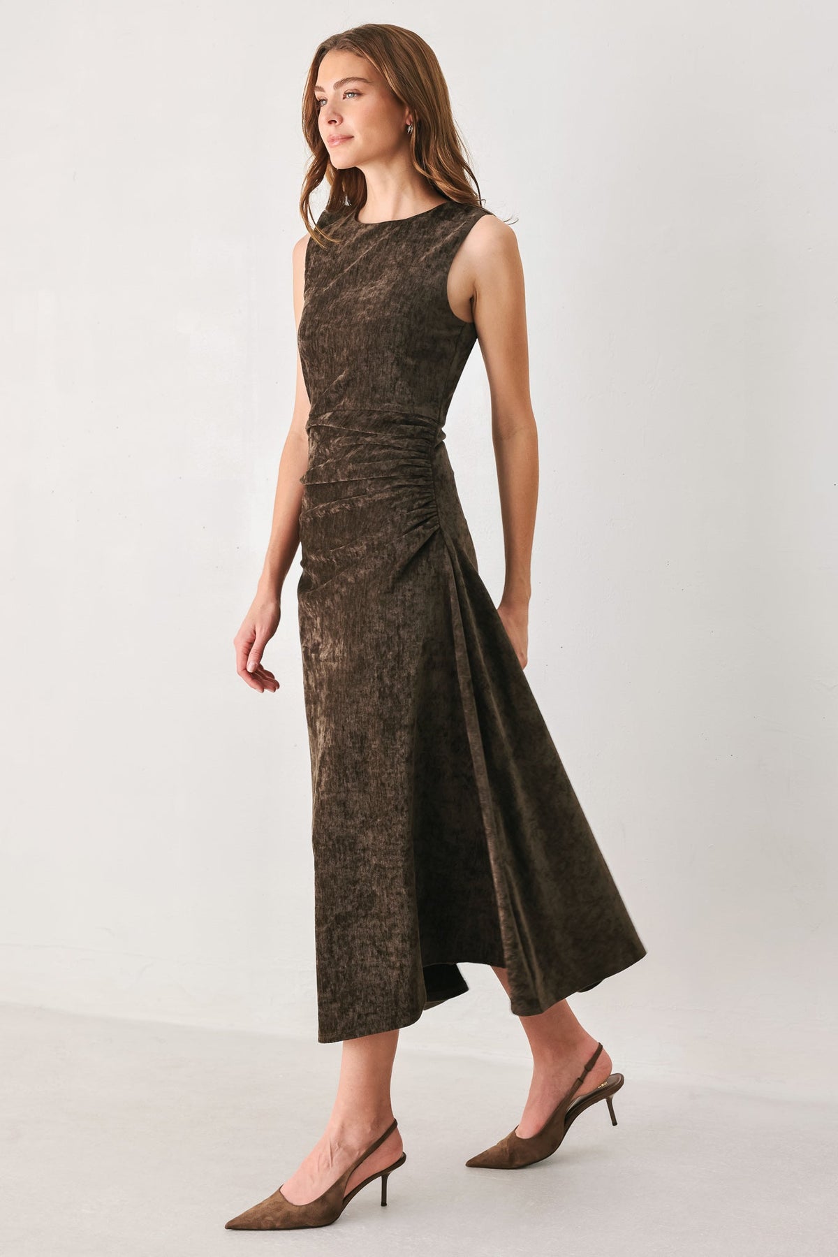 COCOA TWIST BROWN CHENILLE OPEN-BACK MIDI DRESS