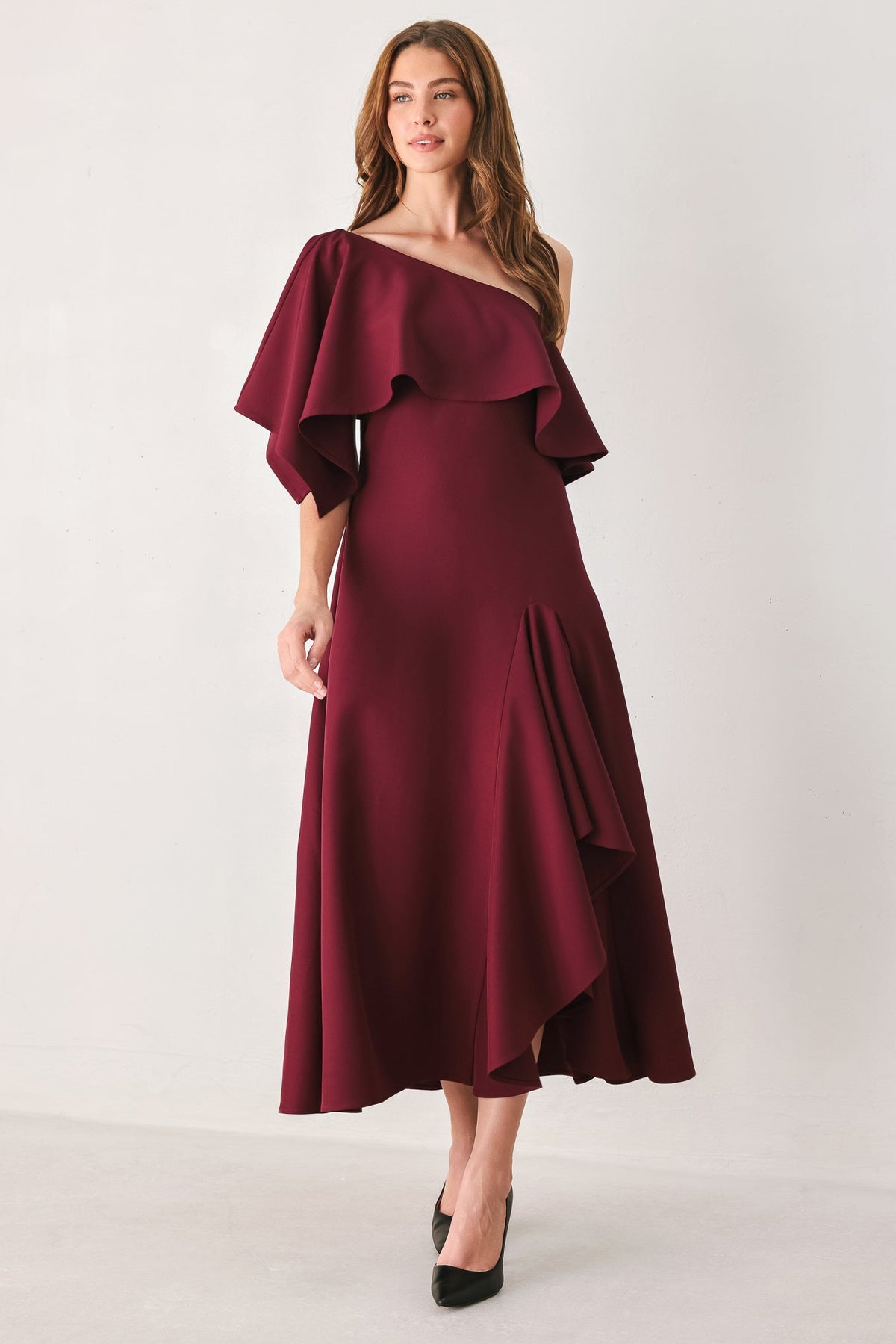WINE CASCADE BURGUNDY ONE-SHOULDER RUFFLE MIDI DRESS