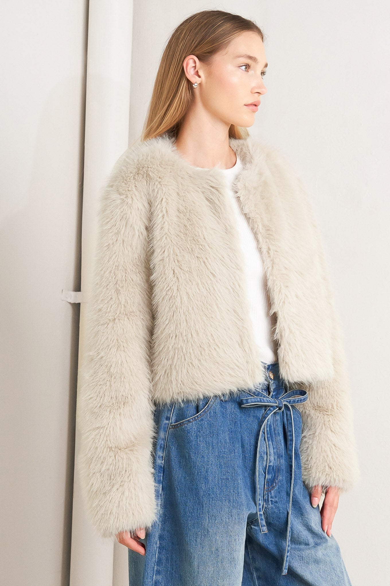 LONDON FLARE CREAM FAUX FUR CROP JACKET