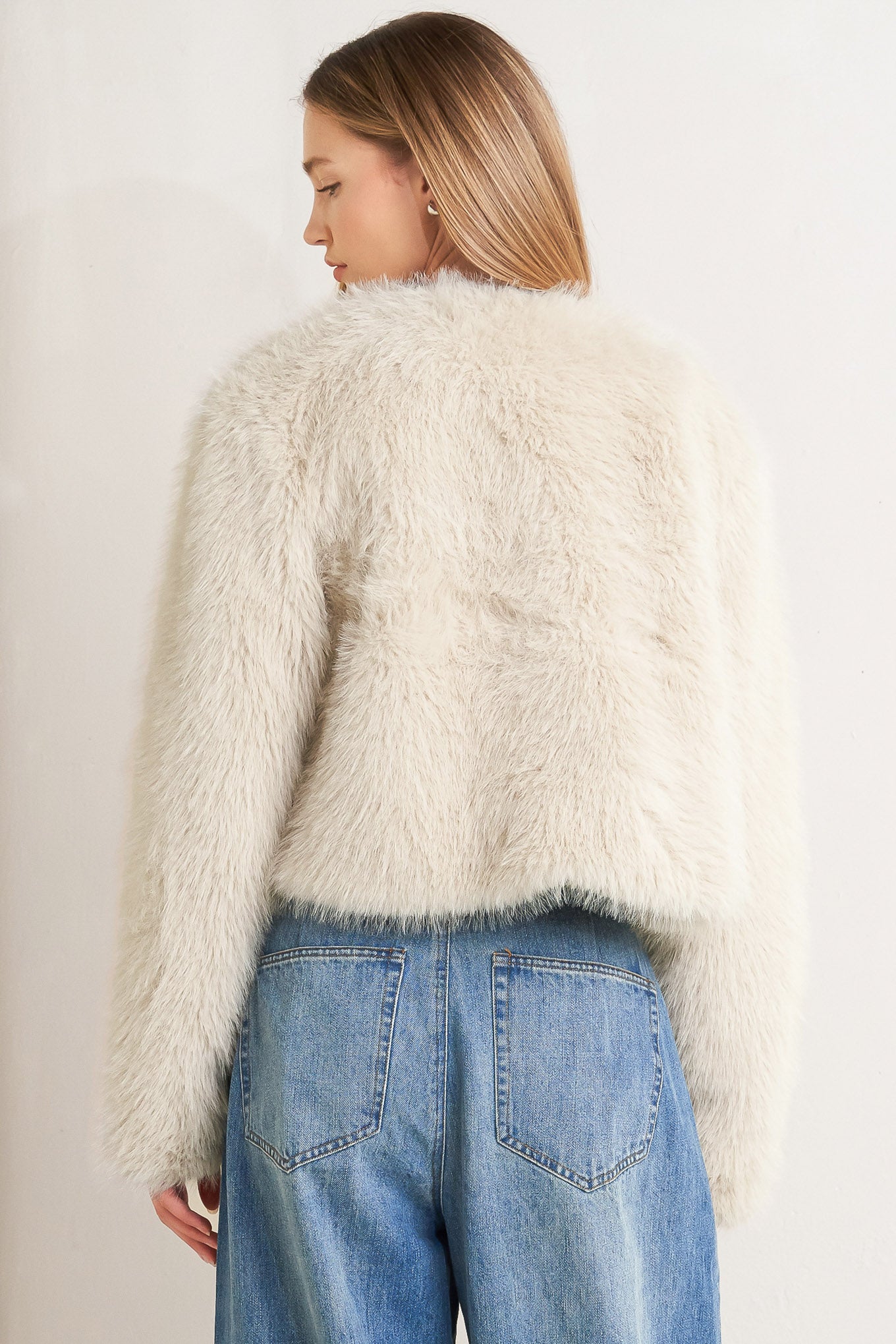 LONDON FLARE CREAM FAUX FUR CROP JACKET
