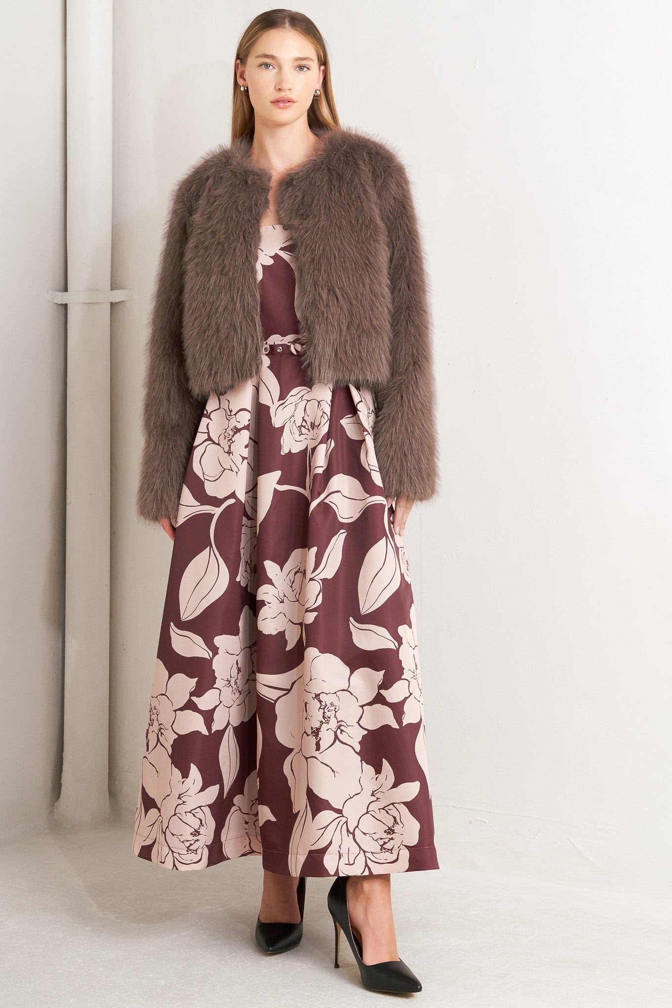 LONDON FLARE MOCHA FAUX FUR CROP JACKET