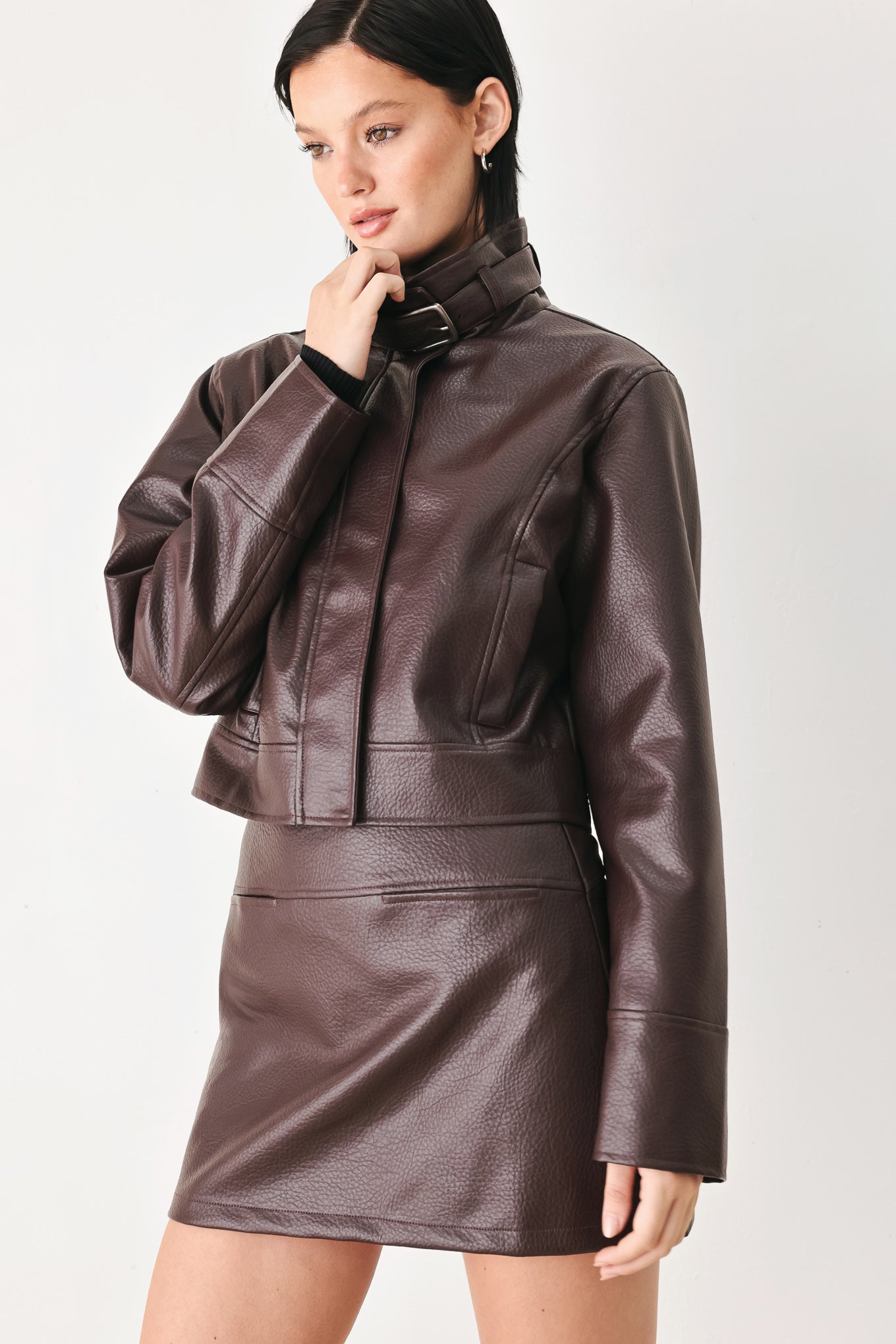 REBEL ROMANCE BUCKLED FAUX LEATHER CROPPED JACKET