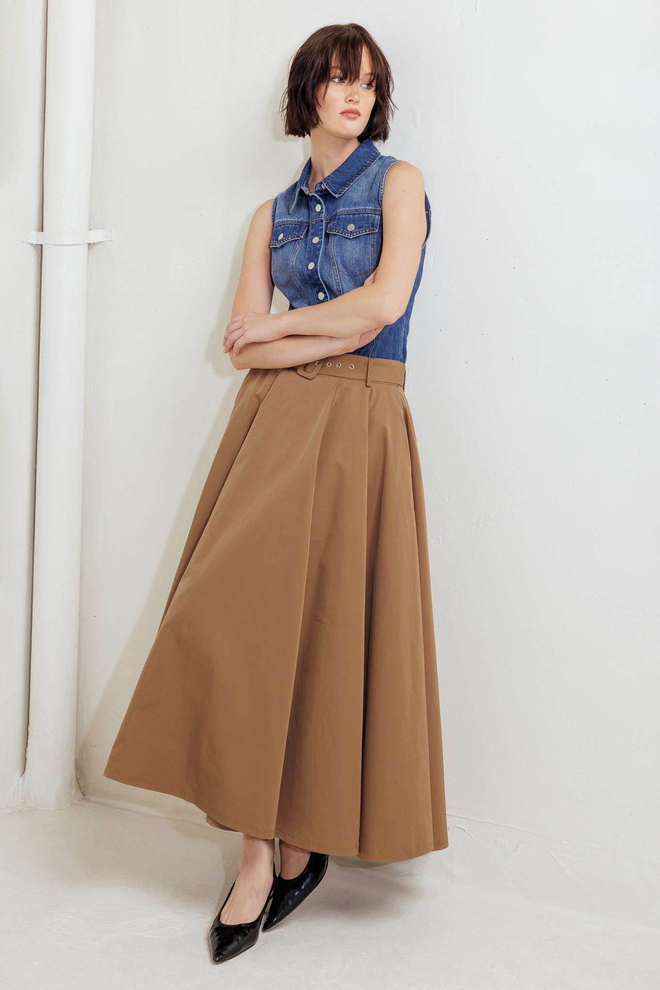 GOLDEN STILL CAMEL WOVEN FULL MIDI SKIRT