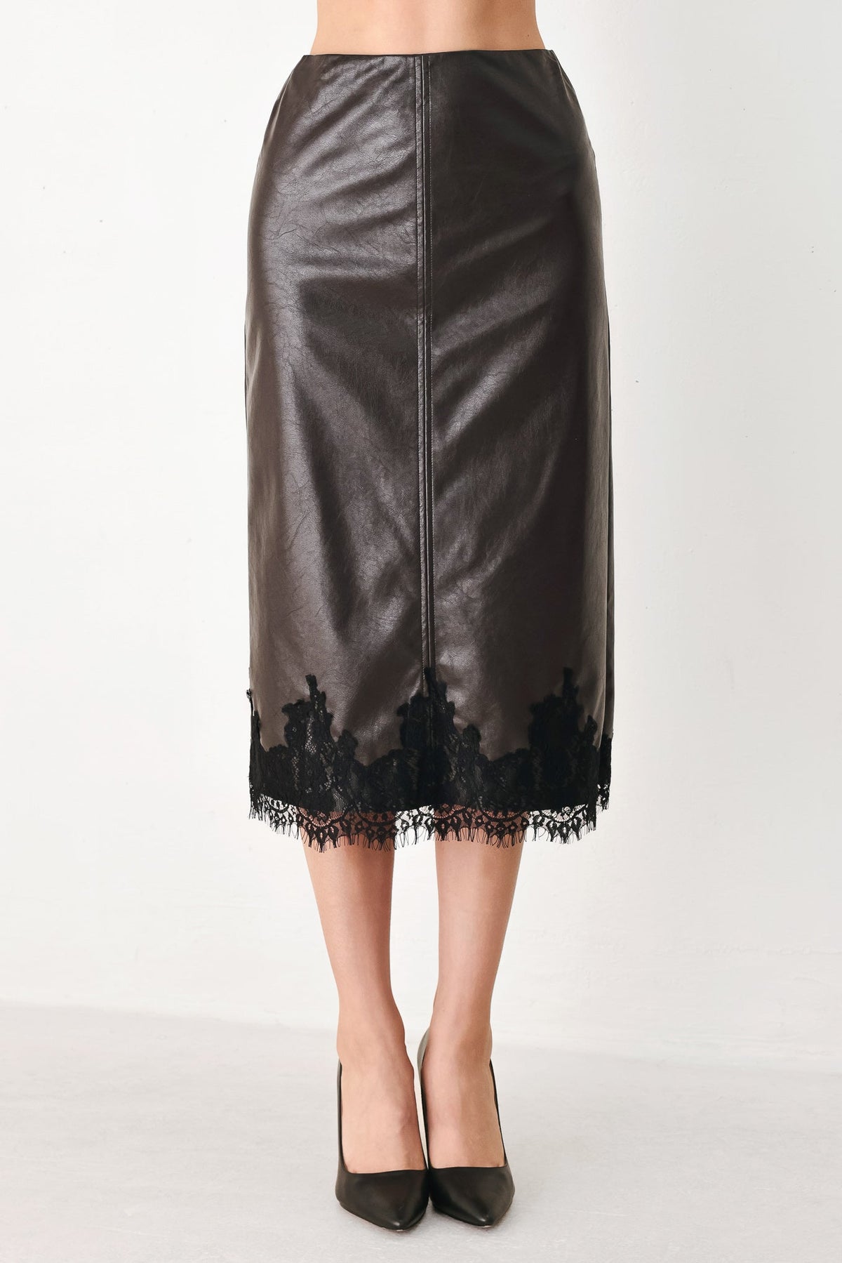 LACE AFTER DARK FAUX LEATHER PENCIL SKIRT