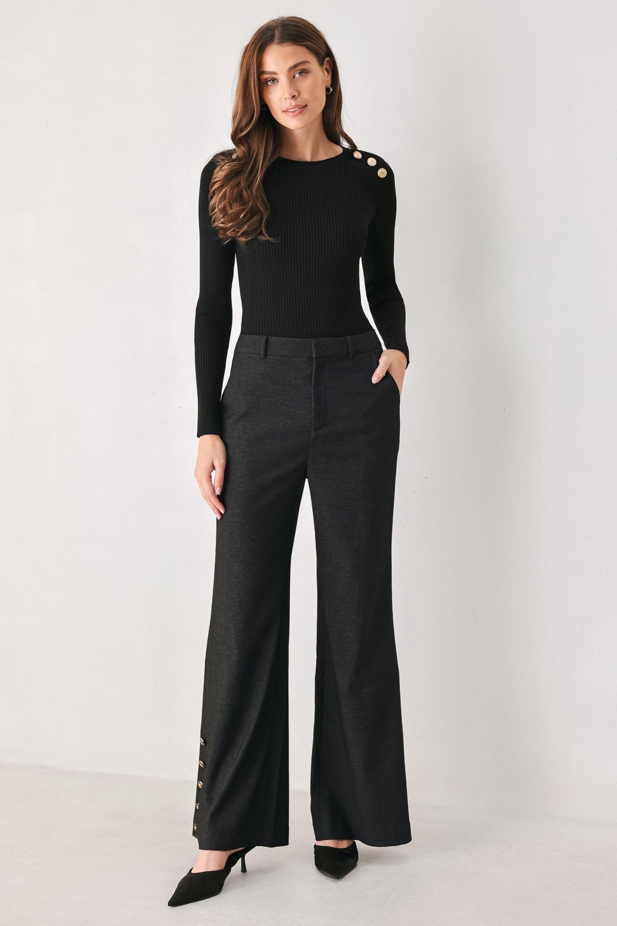 COMMAND NOIR BLACK BUTTON-HEM FLARE PANTS
