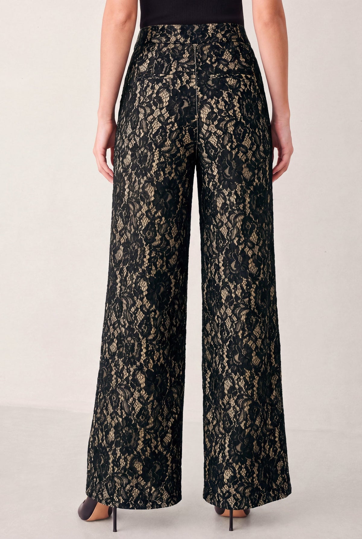 LACE THEORY BLACK/CAMEL LACE WIDE-LEG PANTS