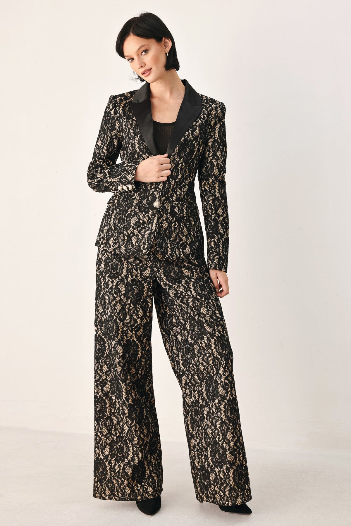 LACE THEORY BLACK/CAMEL LACE WIDE-LEG PANTS