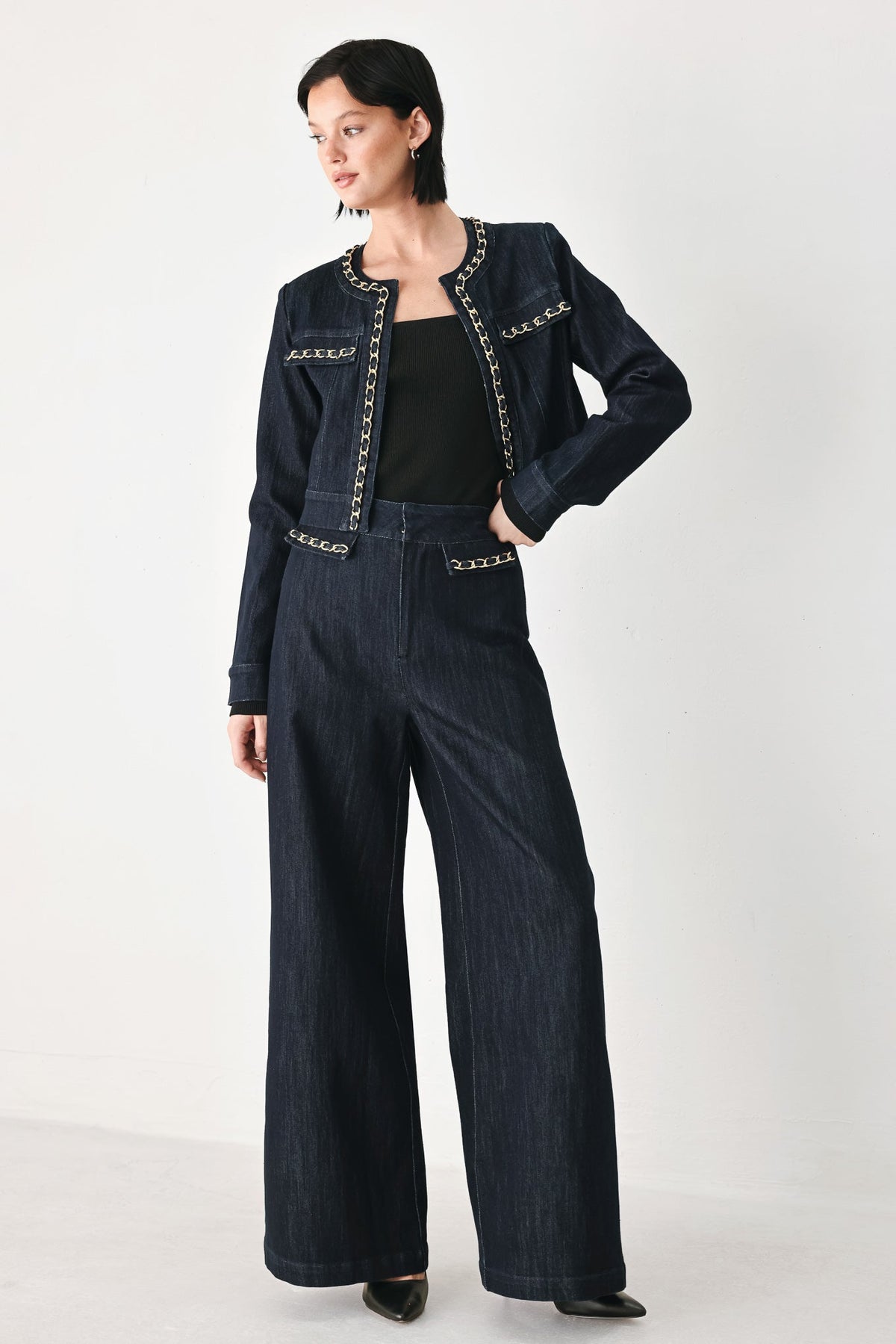 AFTER HOURS INDIGO CHAIN-TRIM WIDE-LEG JEANS