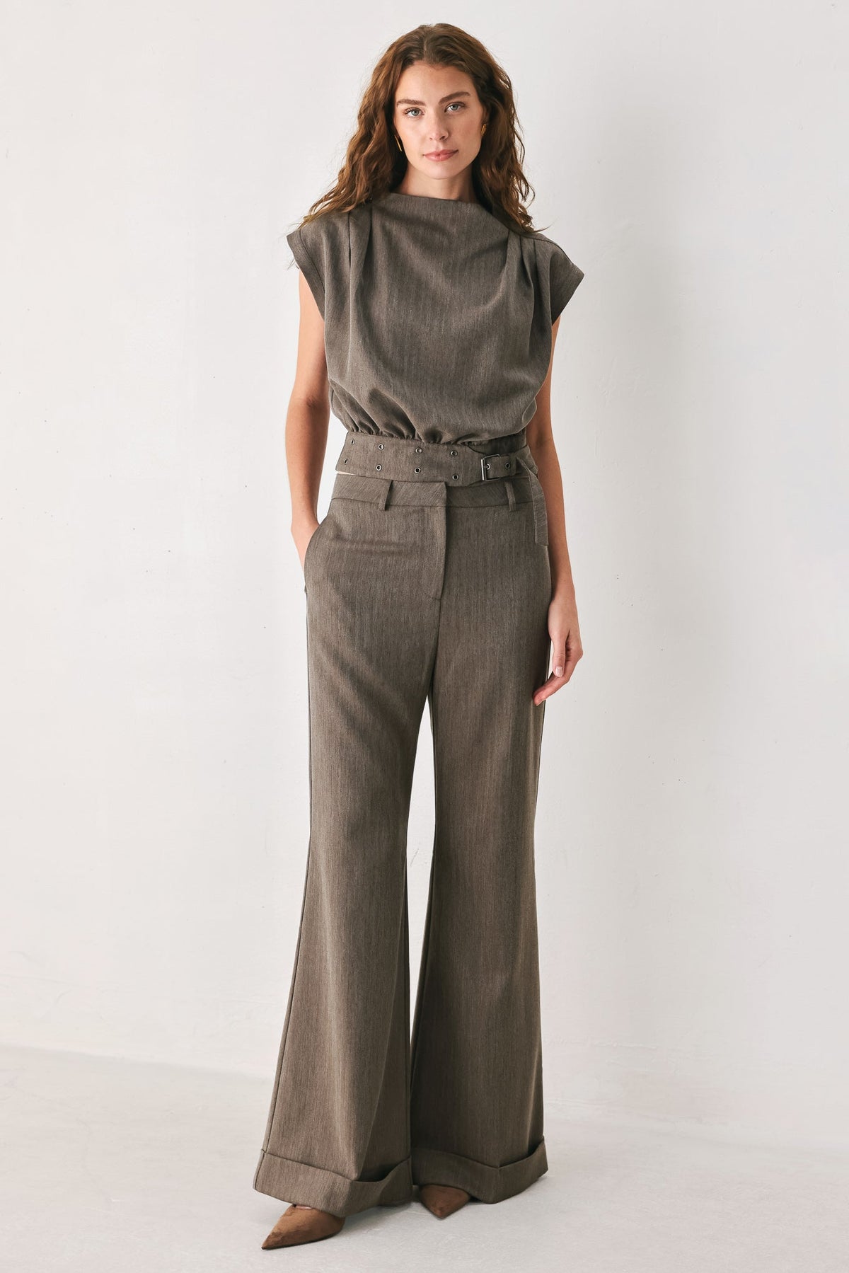 TAILORED TEMPO BROWN CUFFED FLARE PANTS