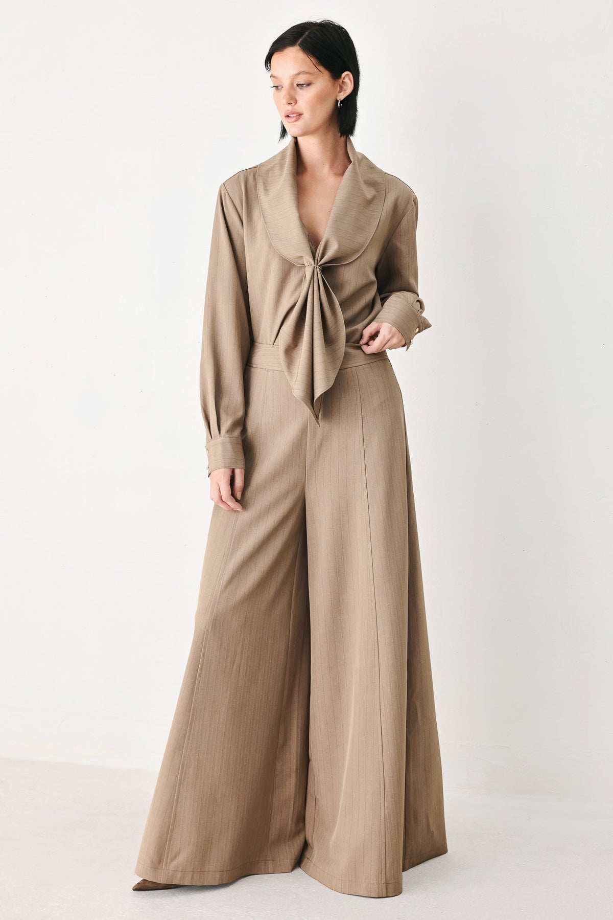 MOCHA MOMENT PINSTRIPE WIDE LEG PANTS