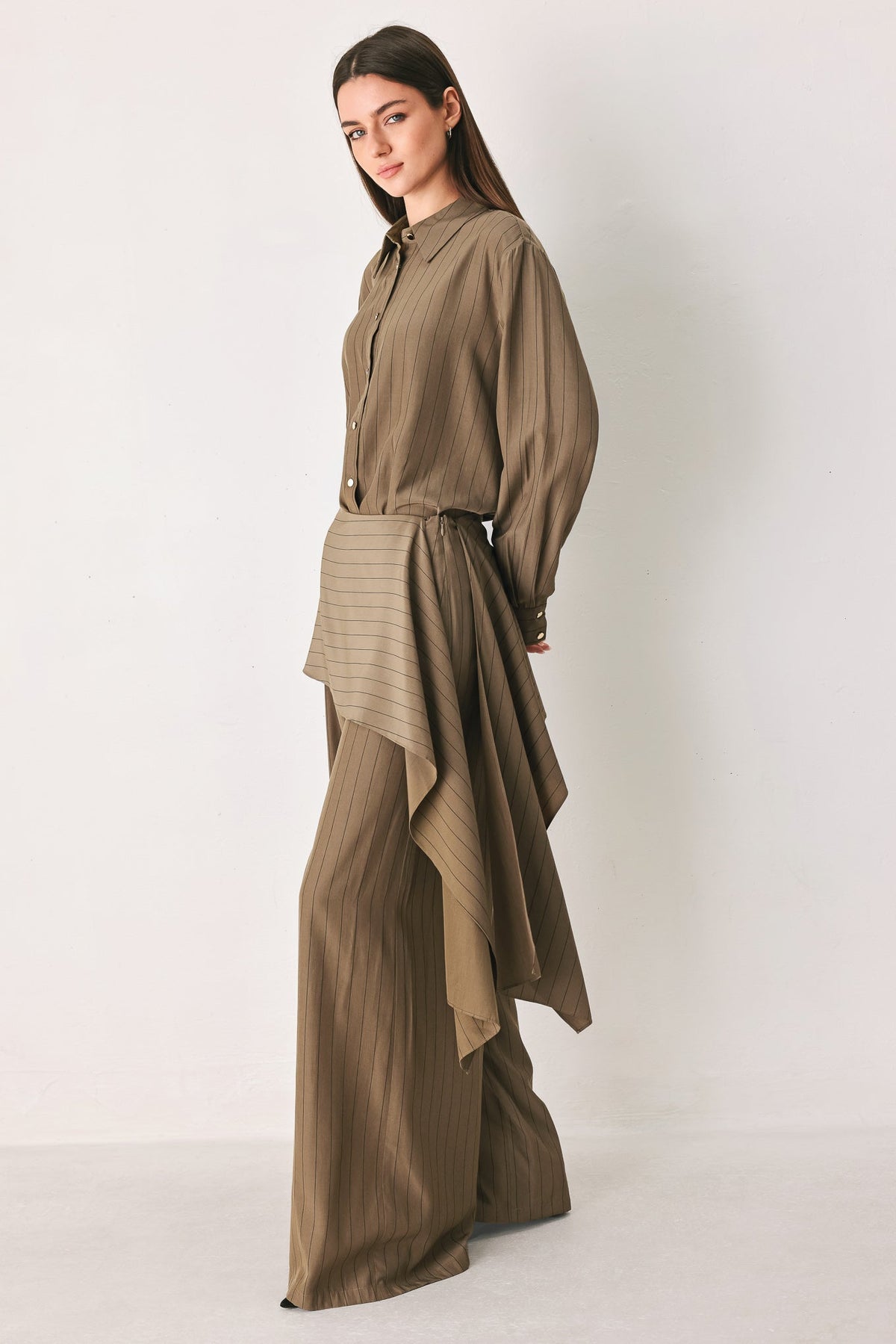 STRIPED DRAMA BROWN & BLACK SCARF-OVERLAY PANTS