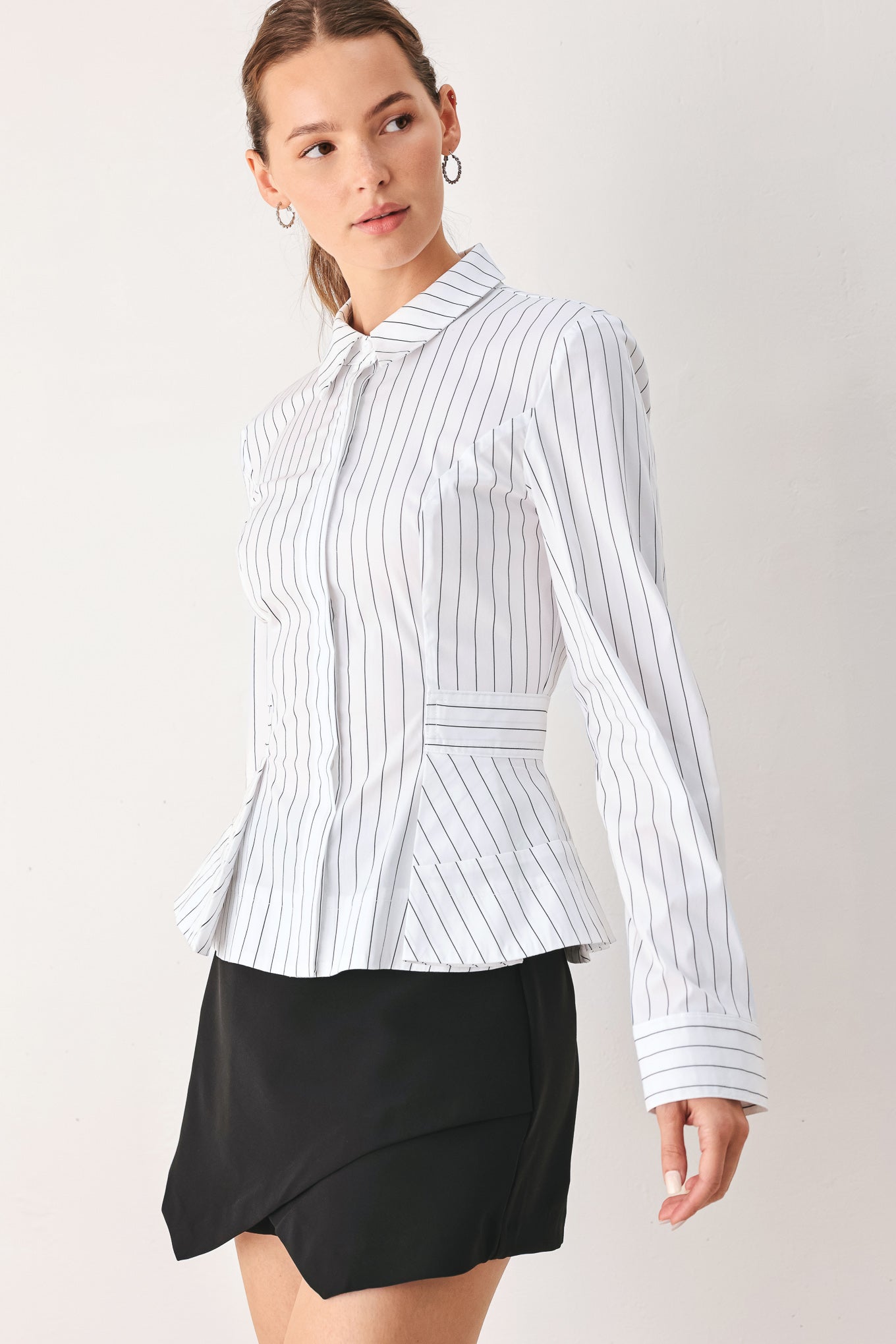 MODERNIST PINSTRIPE FLARED-WAIST WOVEN TOP