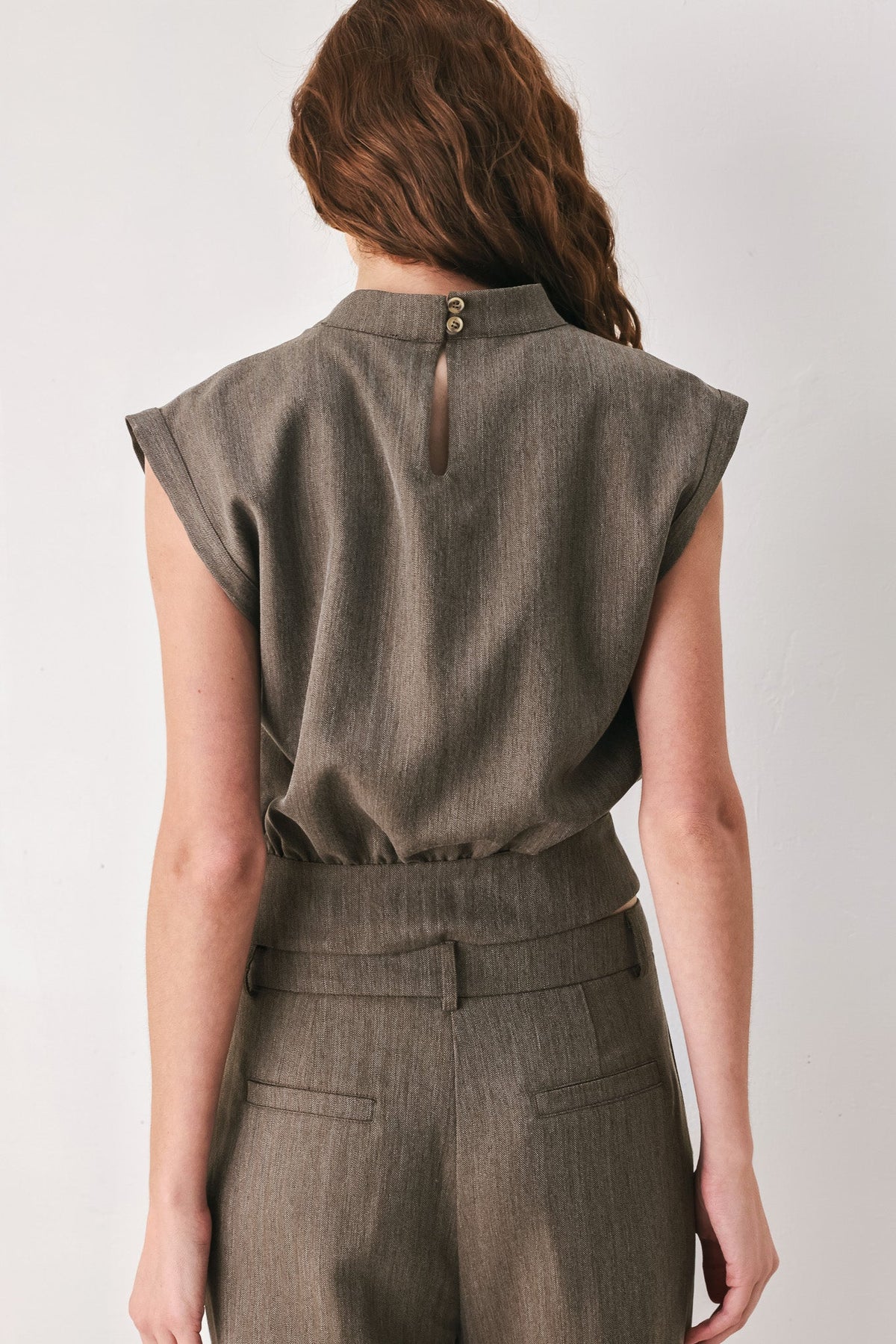 TAILORED TEMPO BROWN FUNNEL-NECK BELTED TOP