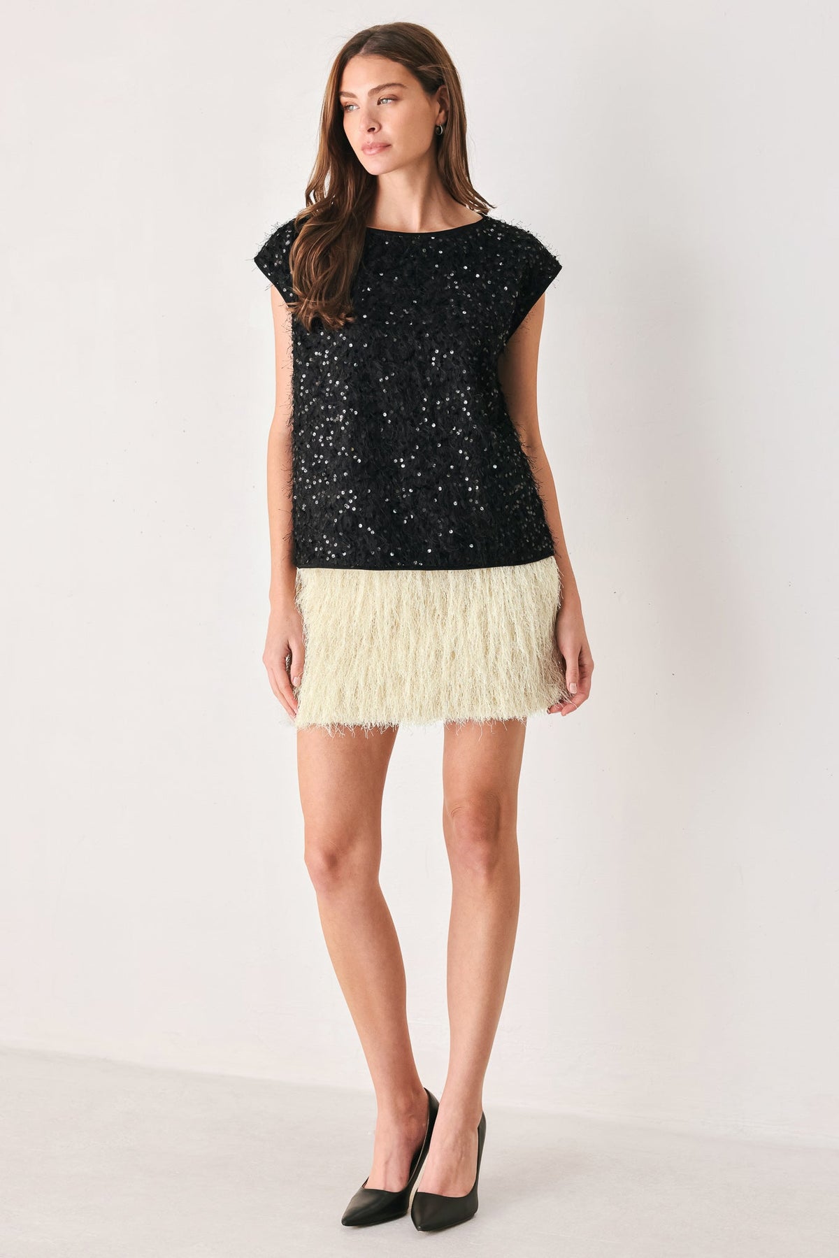 IVORY FRINGE OFF WHITE SEQUIN SLEEVELESS TOP