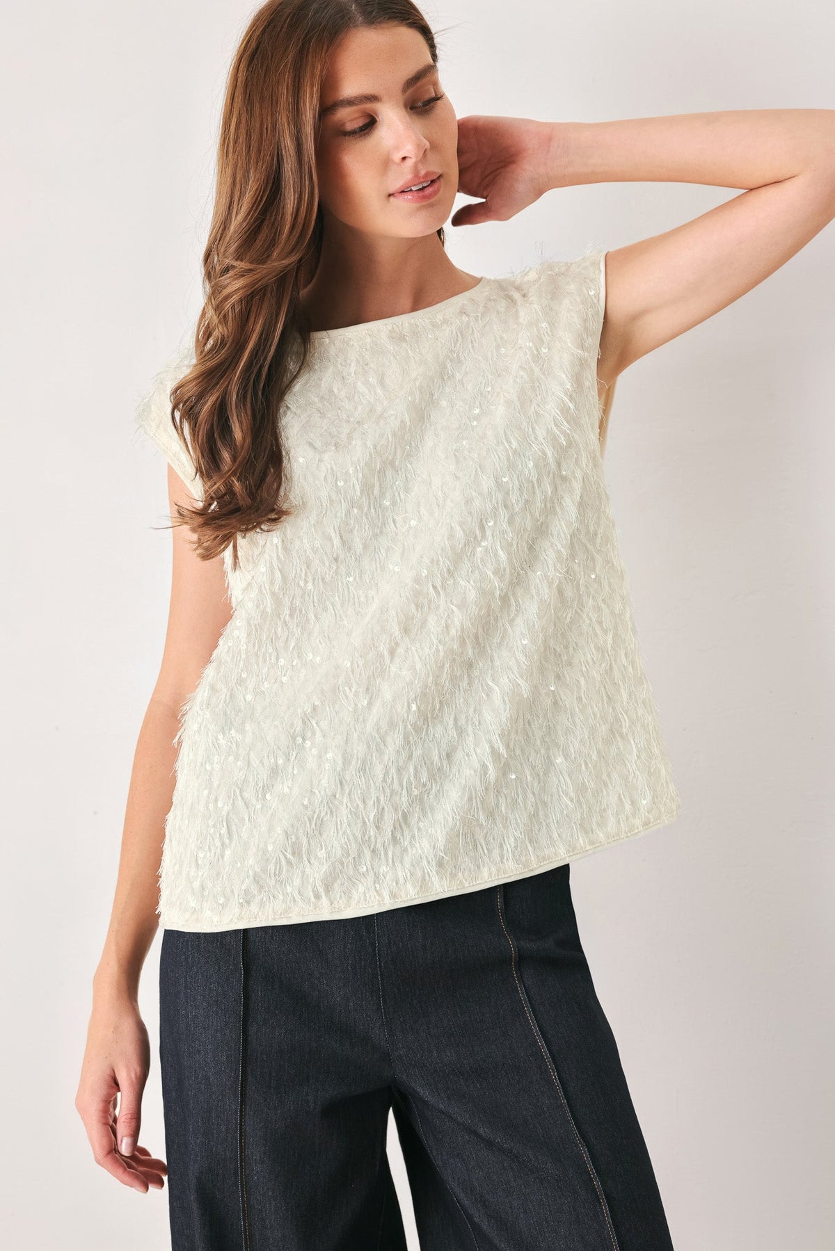 IVORY FRINGE OFF WHITE SEQUIN SLEEVELESS TOP