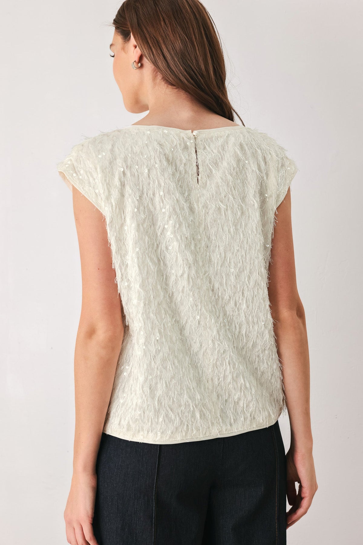 IVORY FRINGE OFF WHITE SEQUIN SLEEVELESS TOP