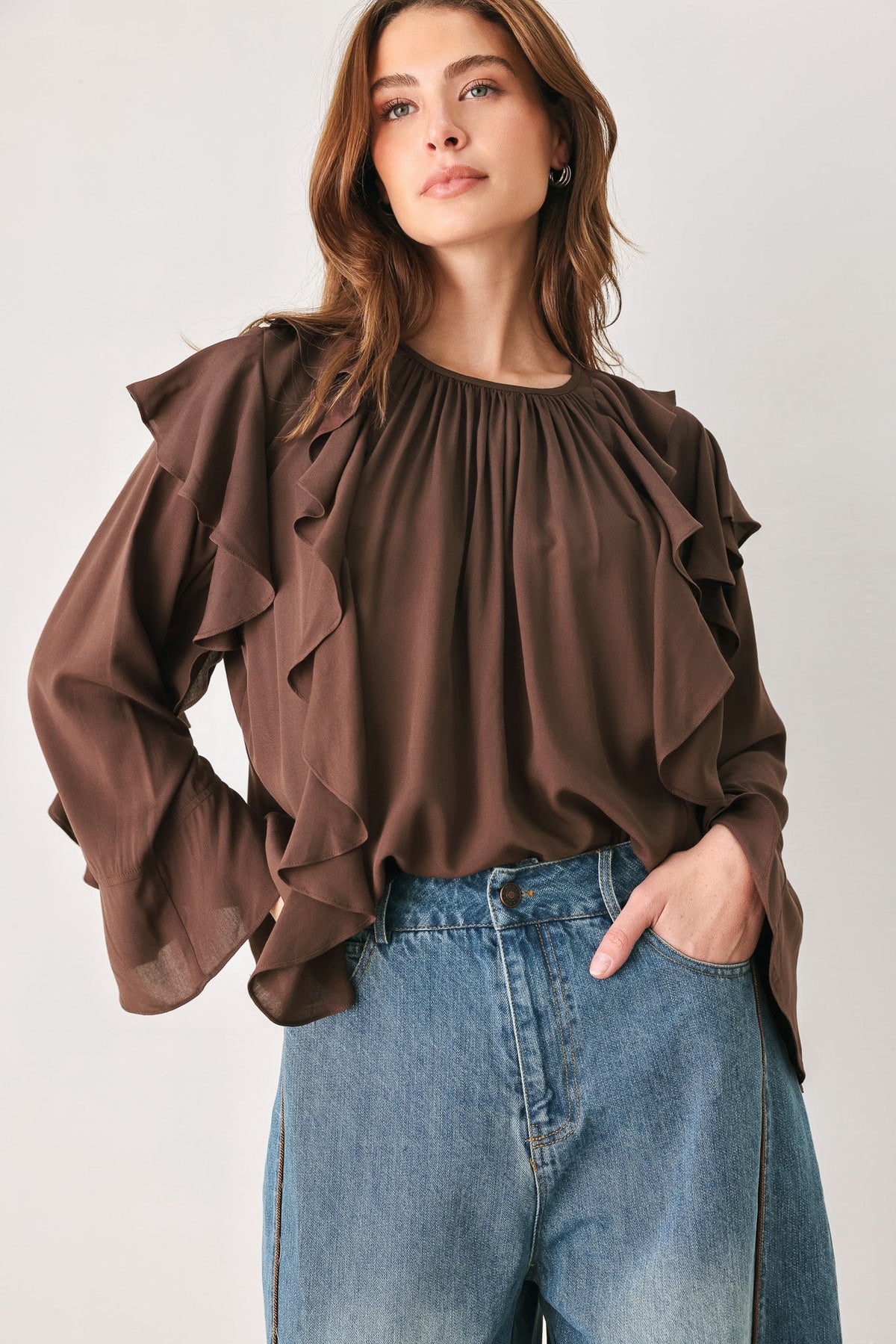 COCOA CASCADE BROWN TIERED-RUFFLE BLOUSE