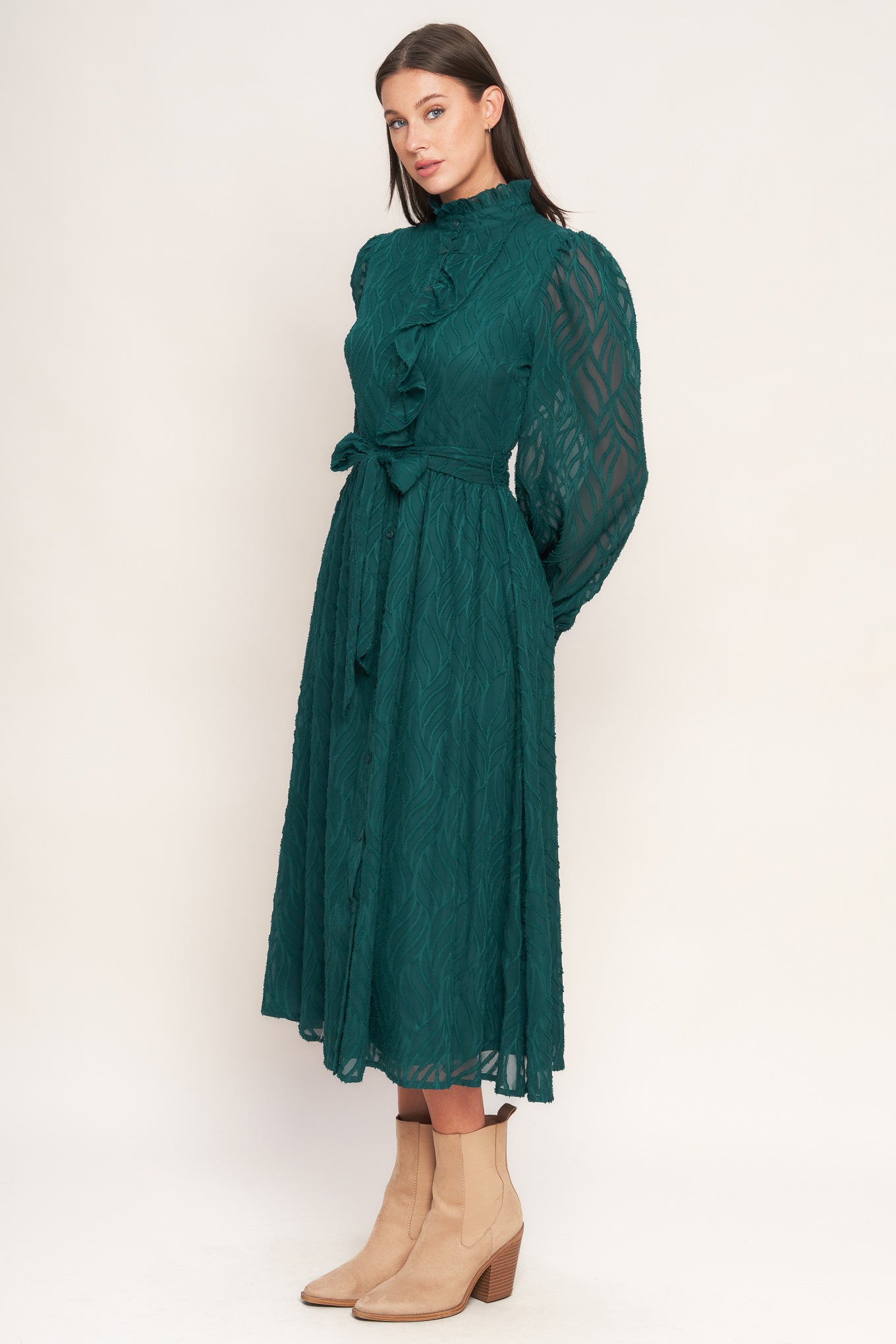 EMERALD WHISPER WOVEN MIDI DRESS