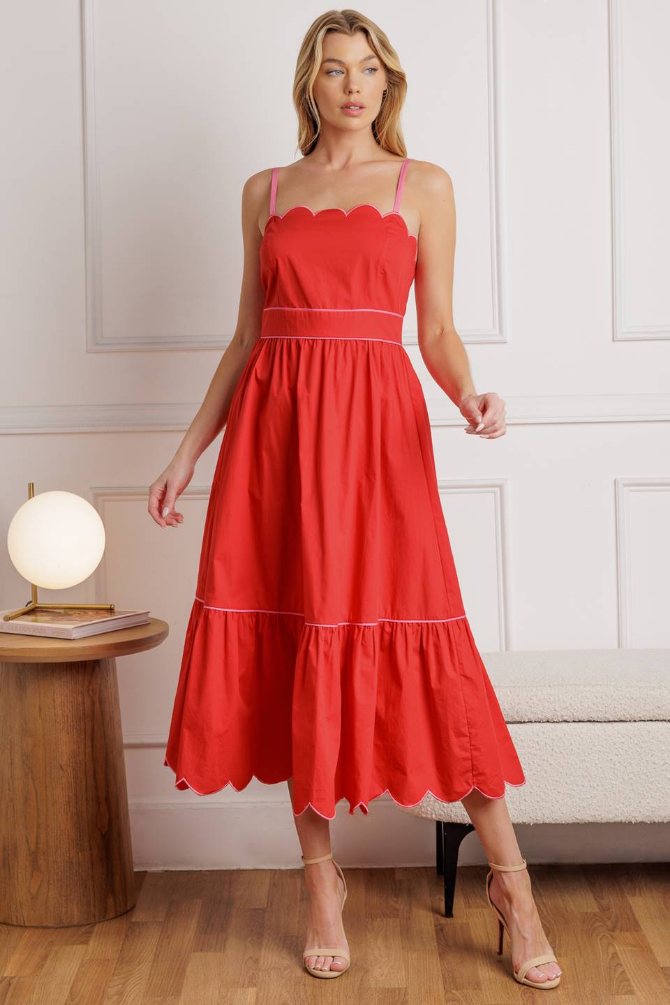 RUSTIC DREAM RED WOVEN MIDI DRESS