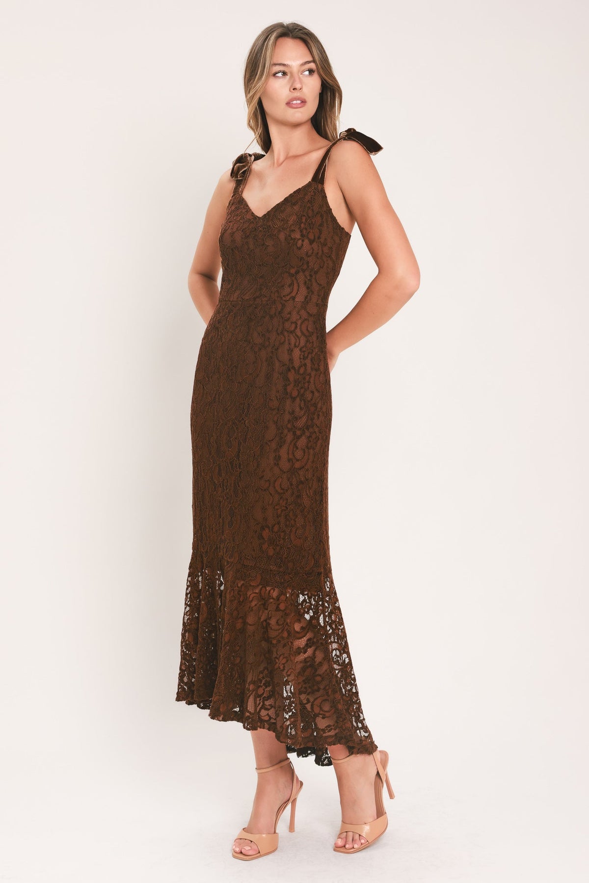 AUTUMN ROMANCE CHESTNUT LACE TIE-STRAP MIDI DRESS