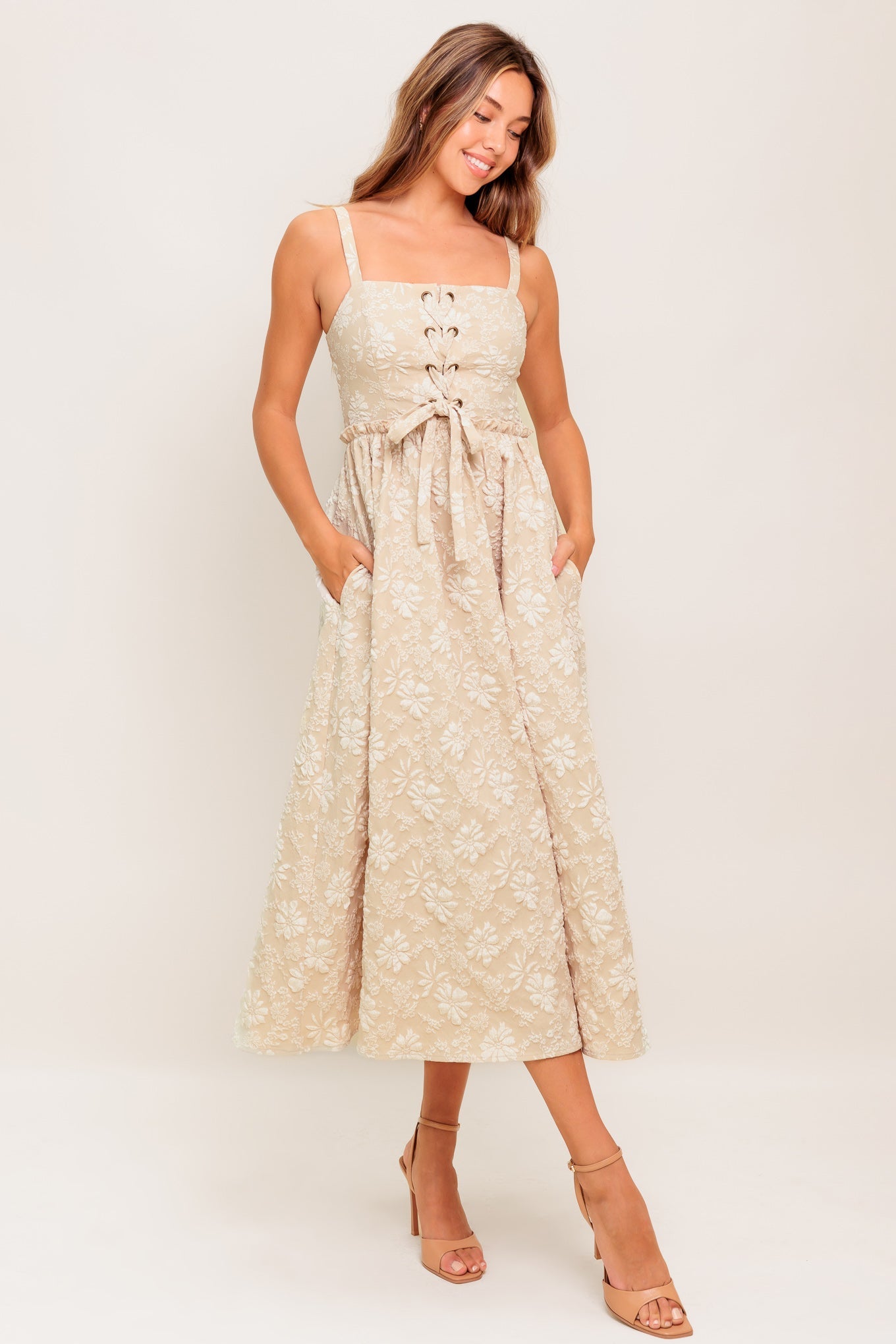 SOFT SUNSET STORY WOVEN MIDI DRESS