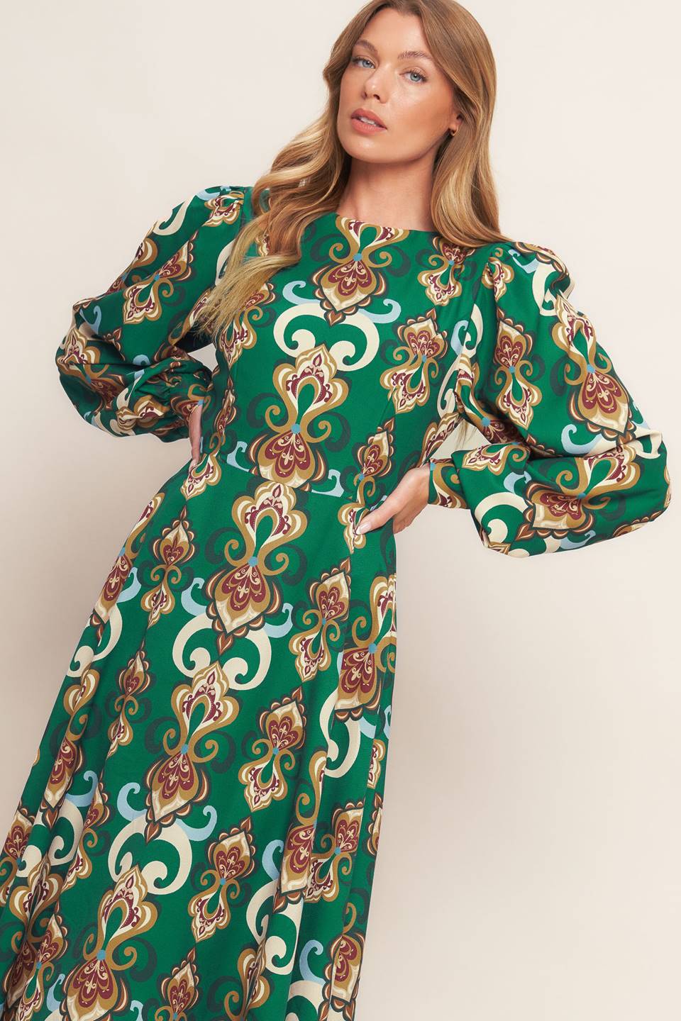 MODERN RETRO BLOOM WOVEN MIDI DRESS