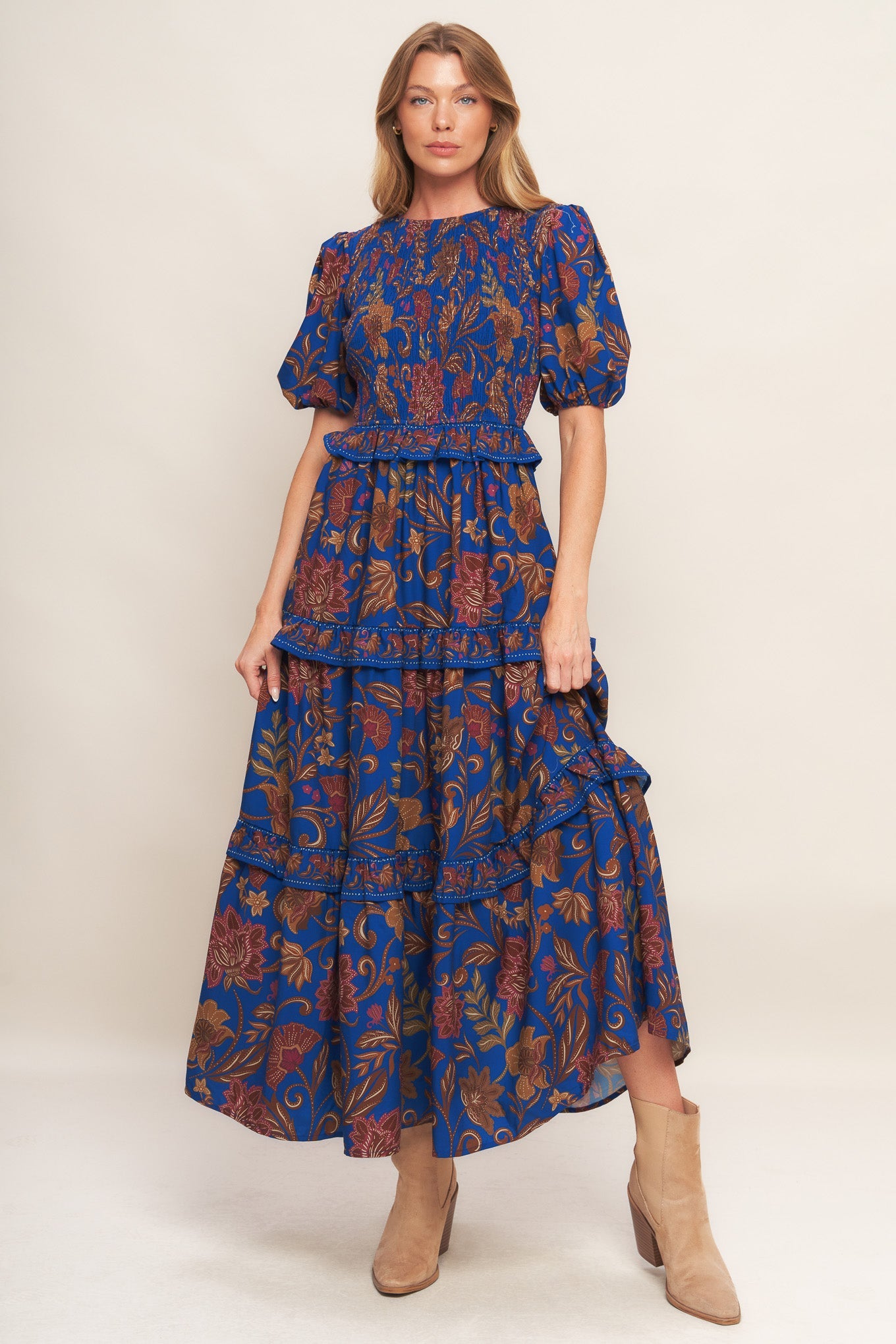 BOHEMIAN NAVY FLORAL WOVEN MIDI DRESS