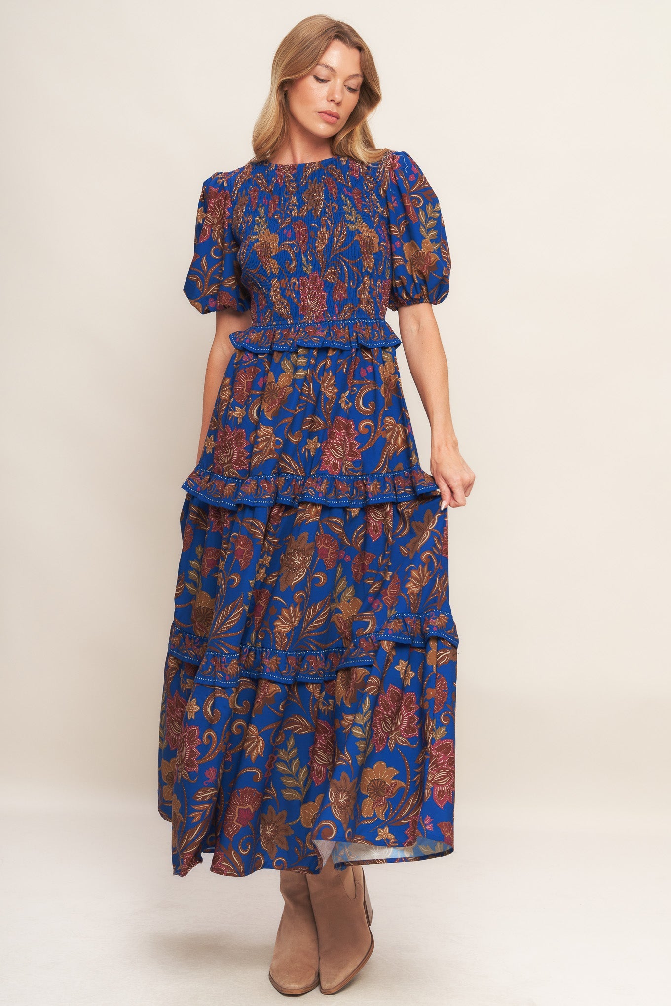 BOHEMIAN NAVY FLORAL WOVEN MIDI DRESS
