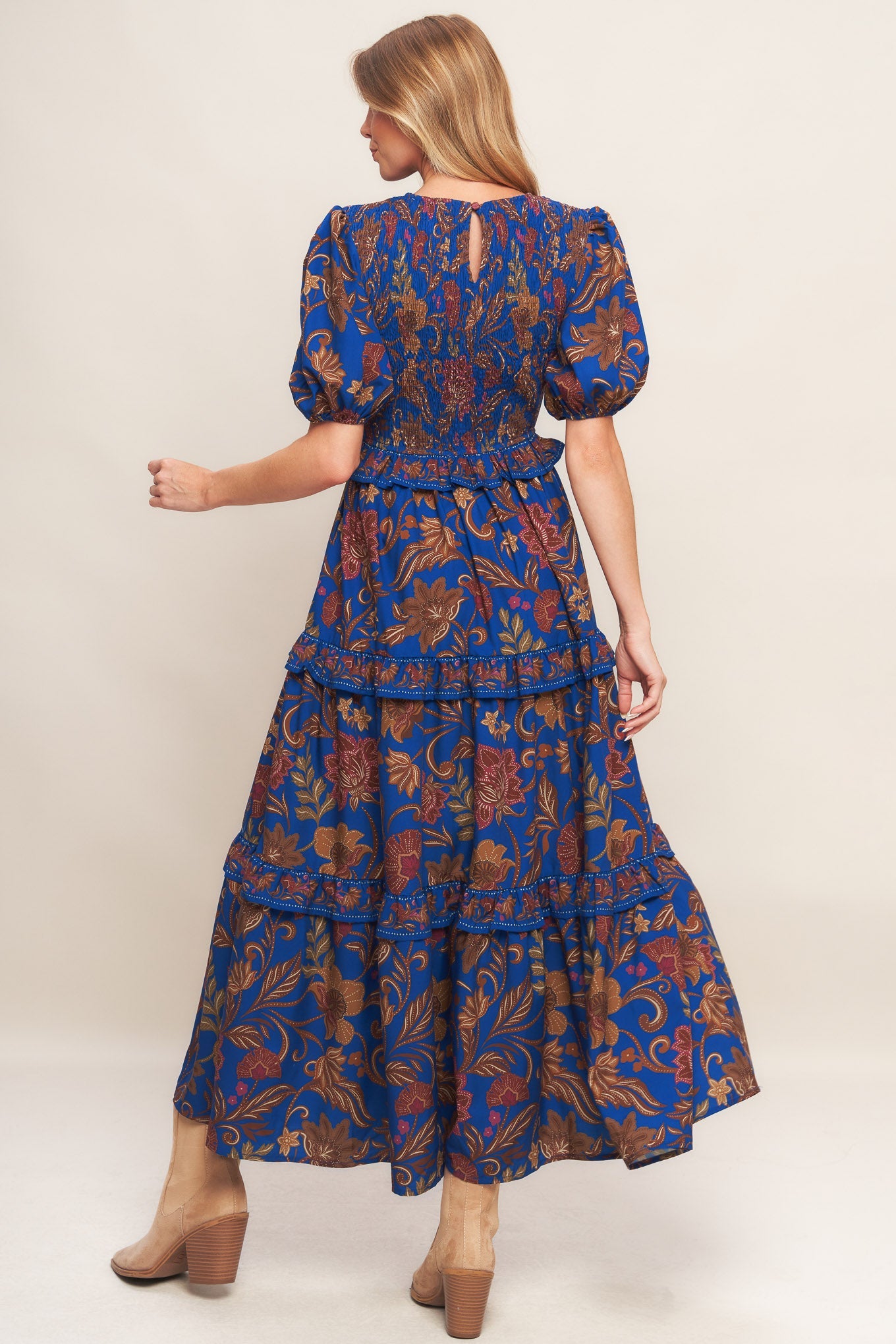 BOHEMIAN NAVY FLORAL WOVEN MIDI DRESS