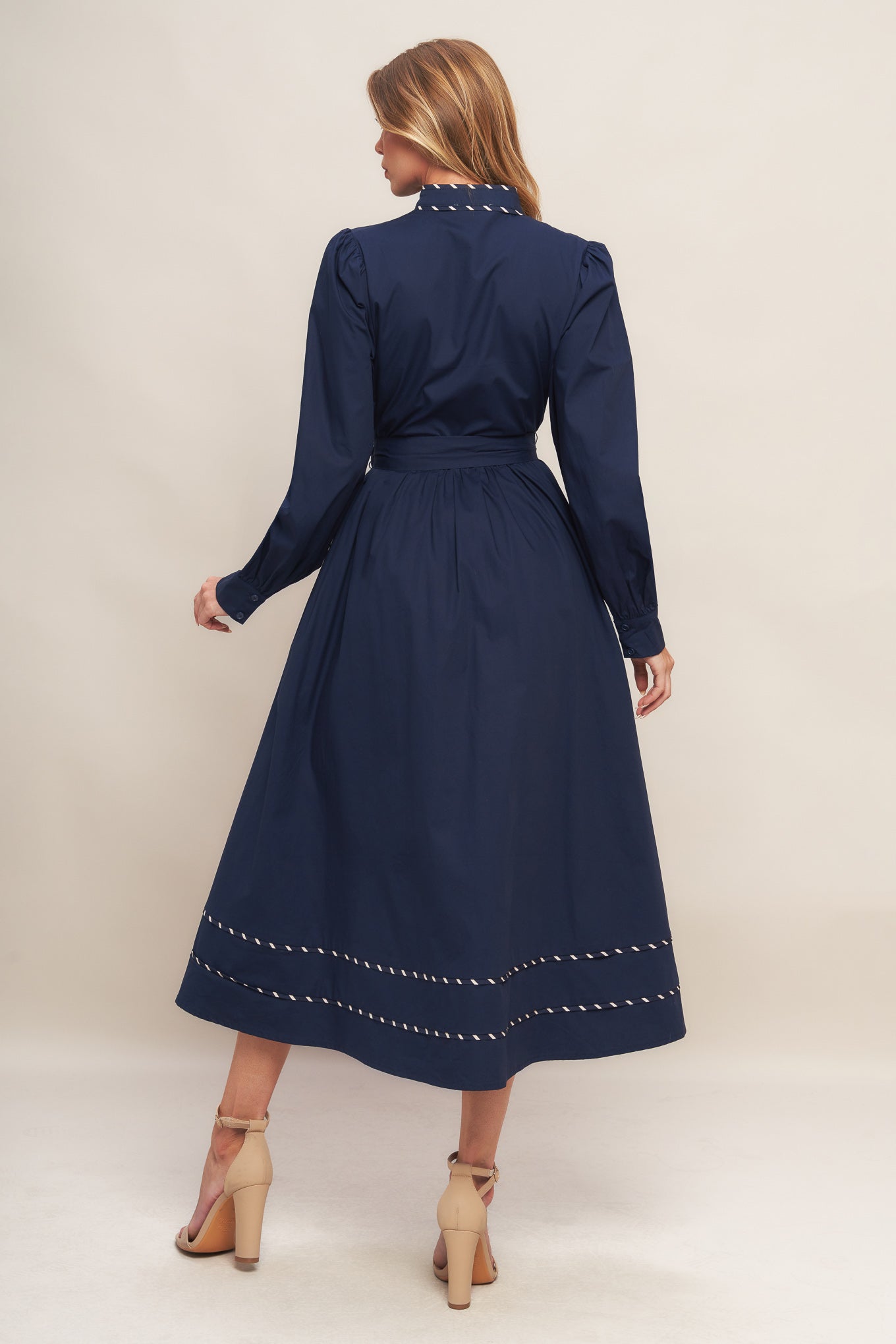 SHINE BRIGHT NAVY LONG SLLEVE WOVEN MIDI DRESS