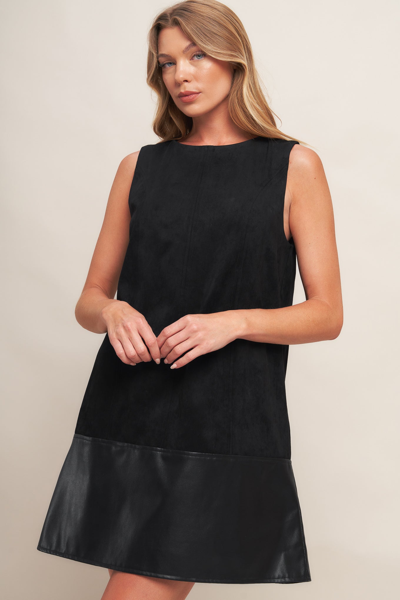 CITY SLEEK FAUX SUEDE AND LEATHER SHIFT DRESS