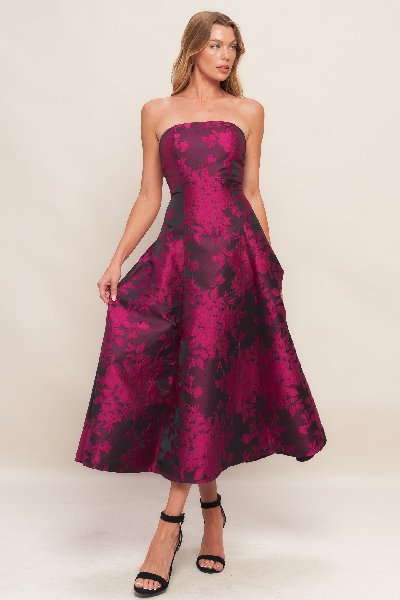 ROSE AFFAIR WOVEN JACQUARD MIDI DRESS