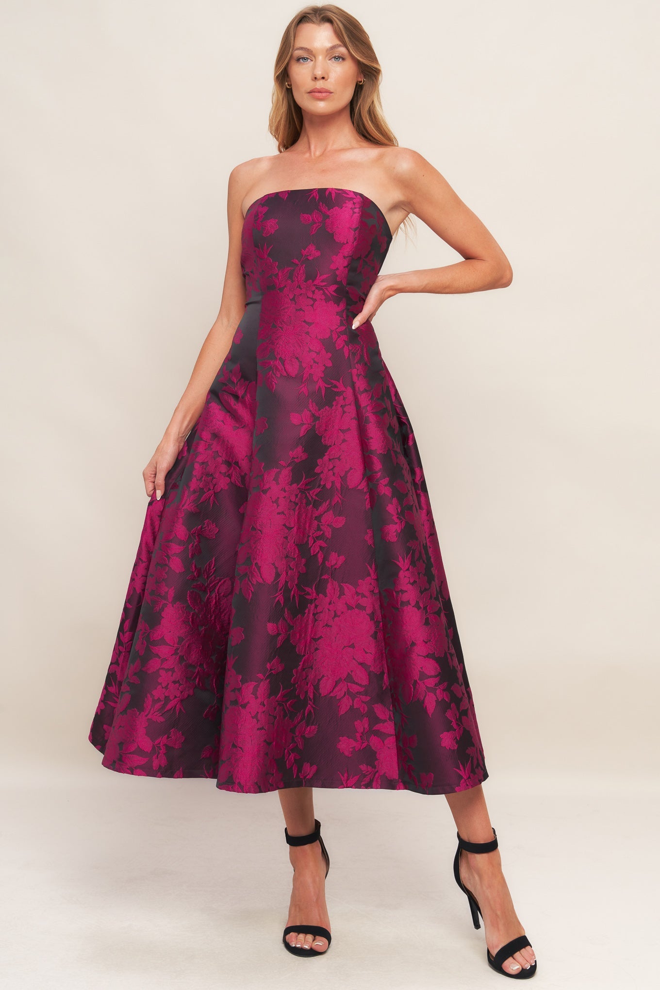 ROSE AFFAIR WOVEN JACQUARD MIDI DRESS