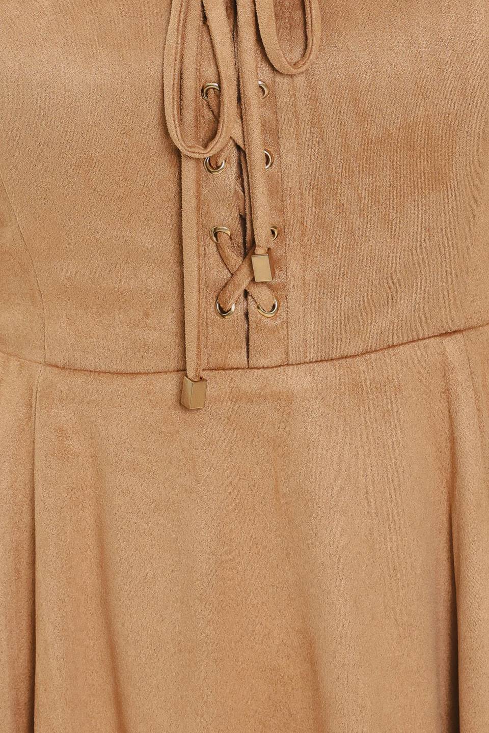 DESERT LACE CAMEL FAUX SUEDE LACE-UP MINI DRESS