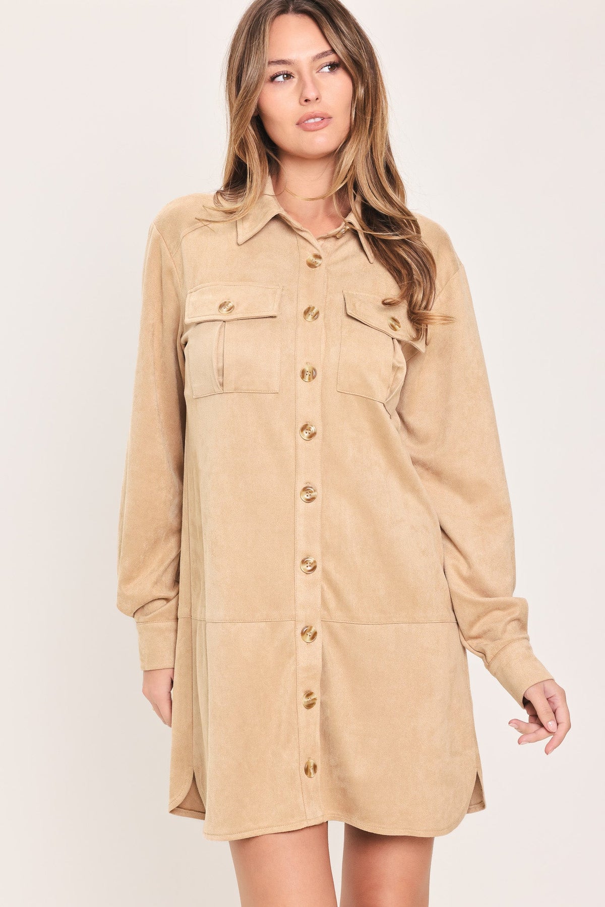 SAND SAFARI SAND FAUX SUEDE BELTED SHIRT MINI DRESS