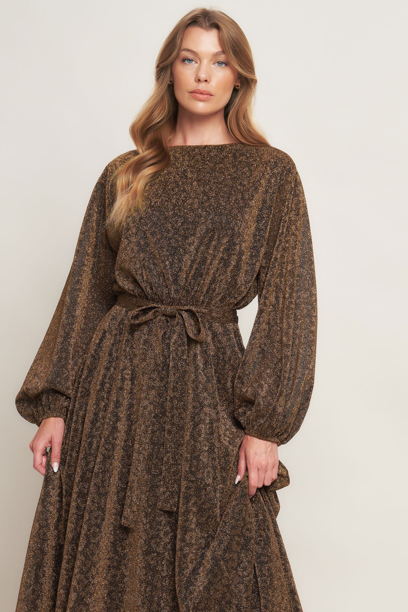 GOLDEN HORIZON METALLIC WOVEN MIDI DRESS