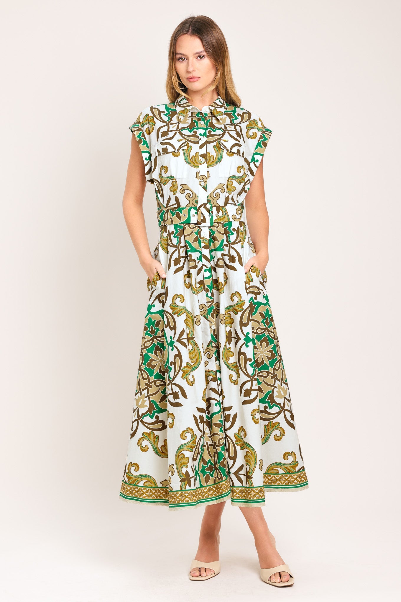 EMERALD ORNATE WOVEN MIDI SHIRT DRESS